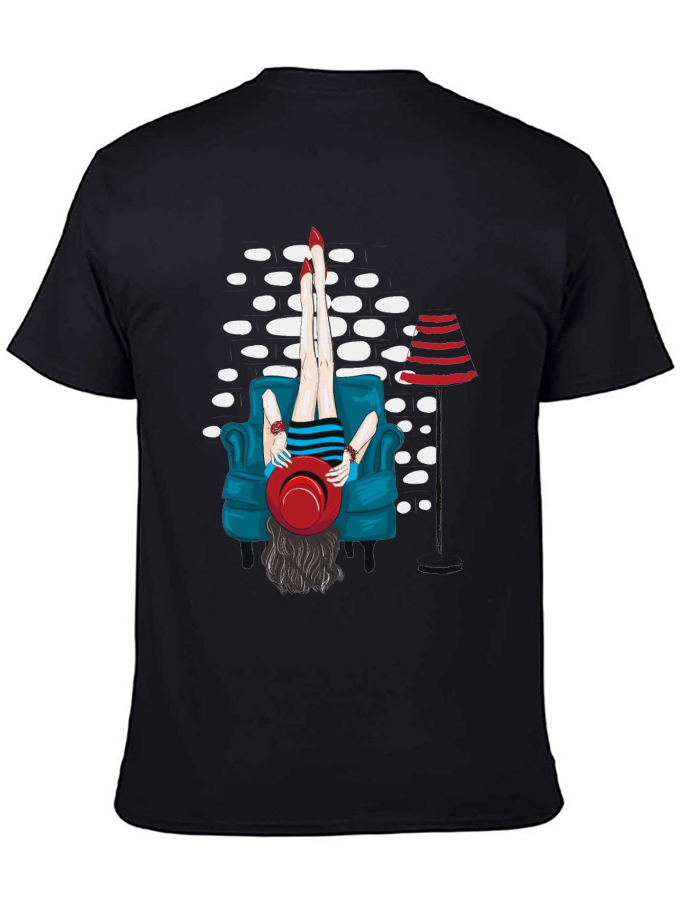 Black Whimsical Woman on Couch Graphic Tee - Novelty T-Shirt view 4