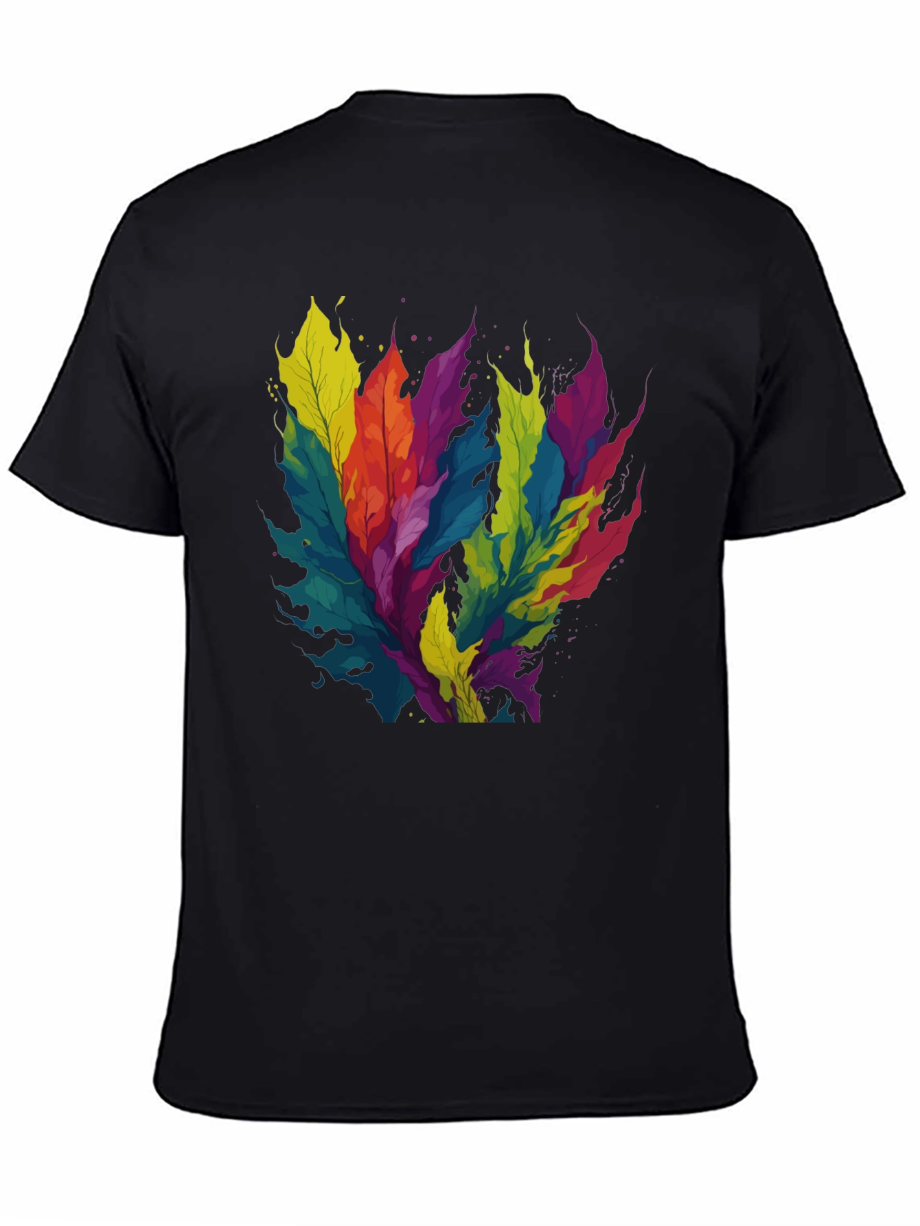 Black Colorful Leaf Design Black T-Shirt view 4