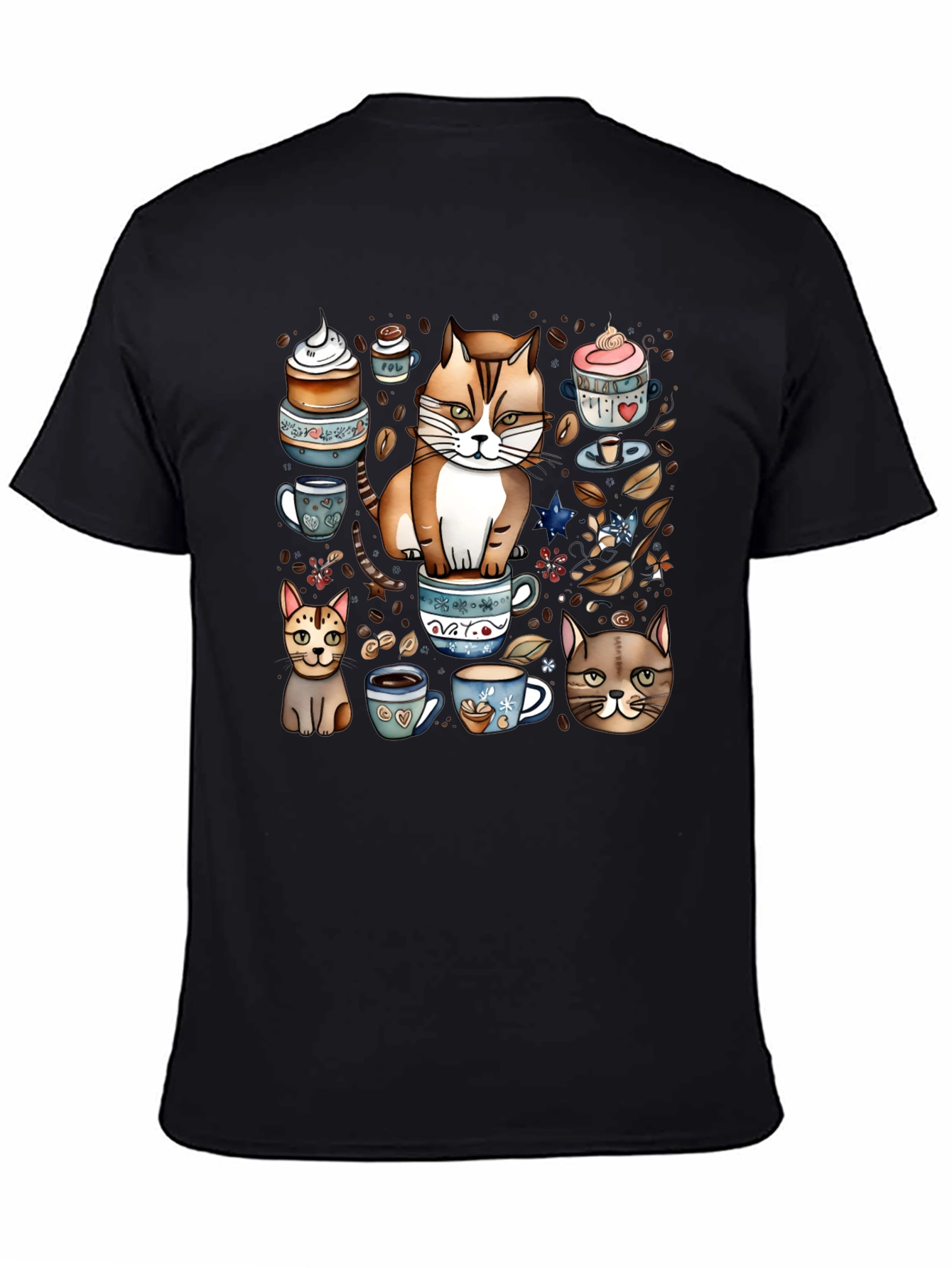 Black Cat & Coffee Lover T-Shirt - Cute Cartoon Design view 4