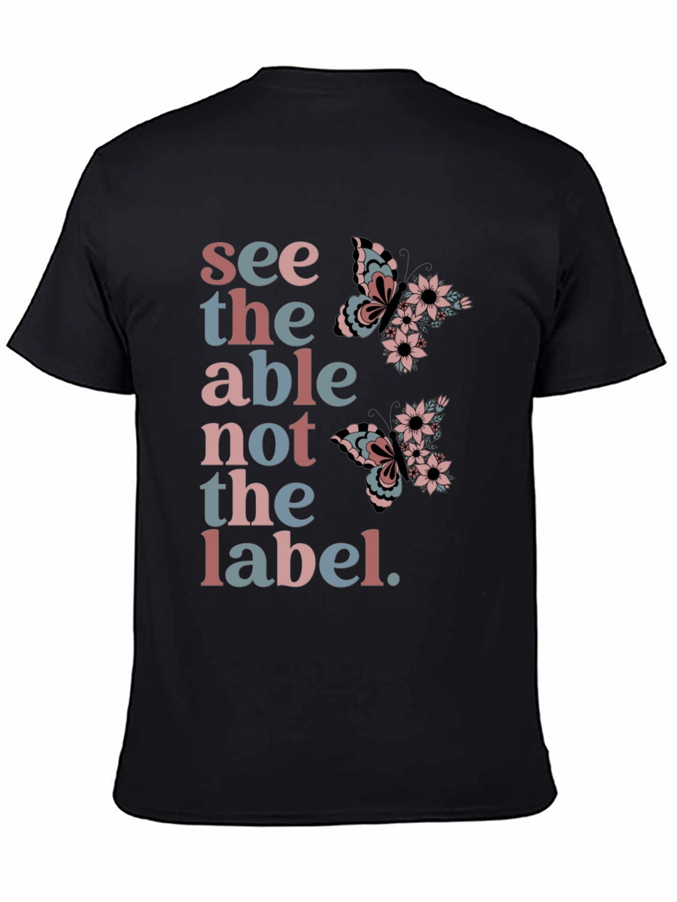 Black See the Able T-Shirt: Butterfly Floral Design view 4