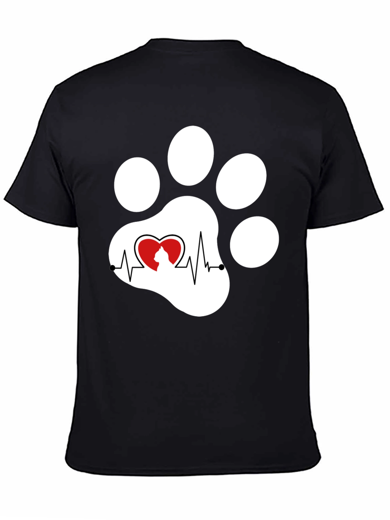 Black Black Cat Paw Heartbeat T-Shirt view 4