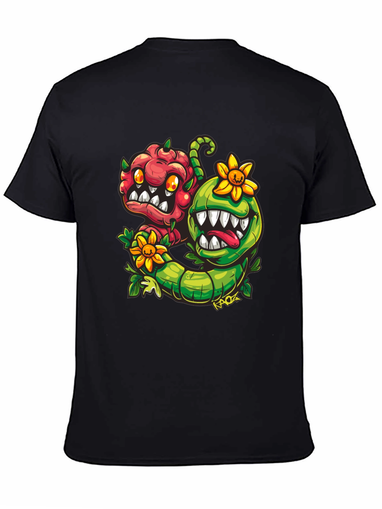 Black Cartoon Monster Plant T-Shirt - Black view 4