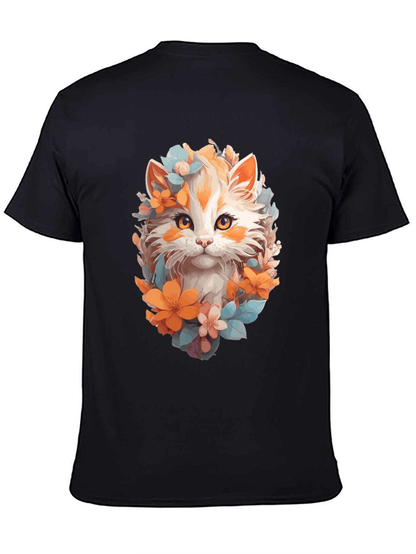 Black Floral Cat Graphic Black T-Shirt view 4