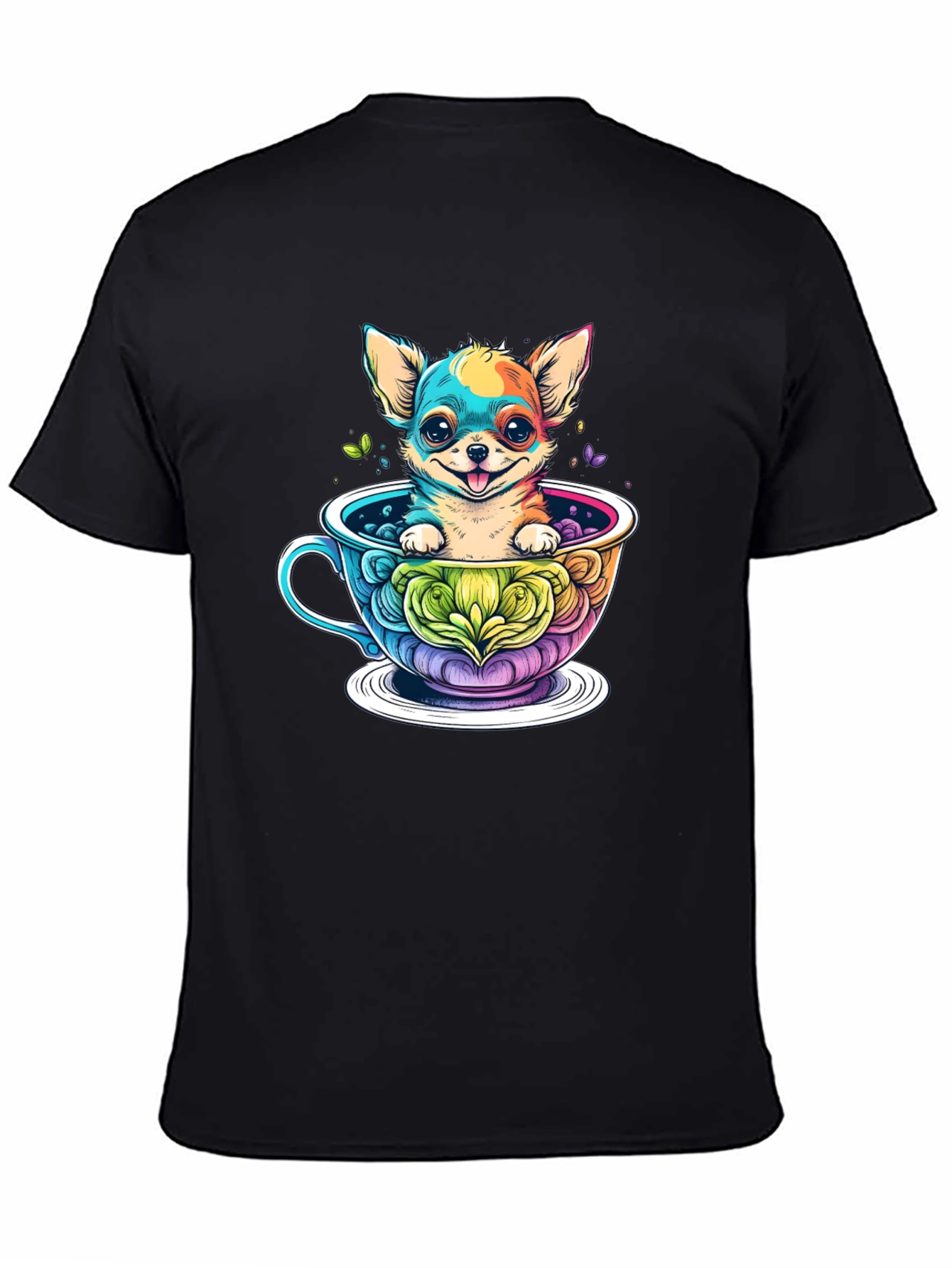 Black Chihuahua in Teacup Graphic Black T-Shirt view 4