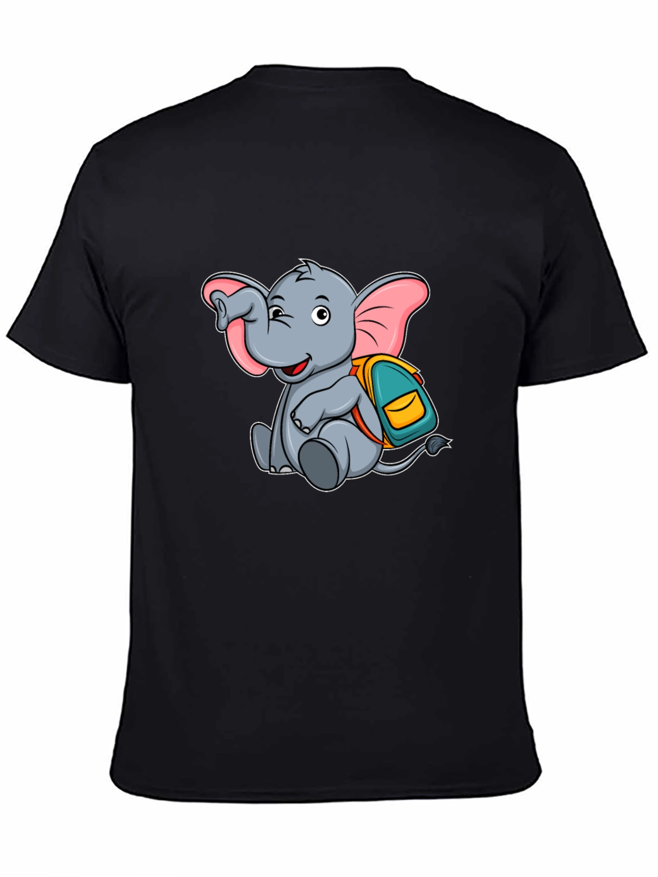 Black Cute Elephant with Backpack Black T-Shirt view 4