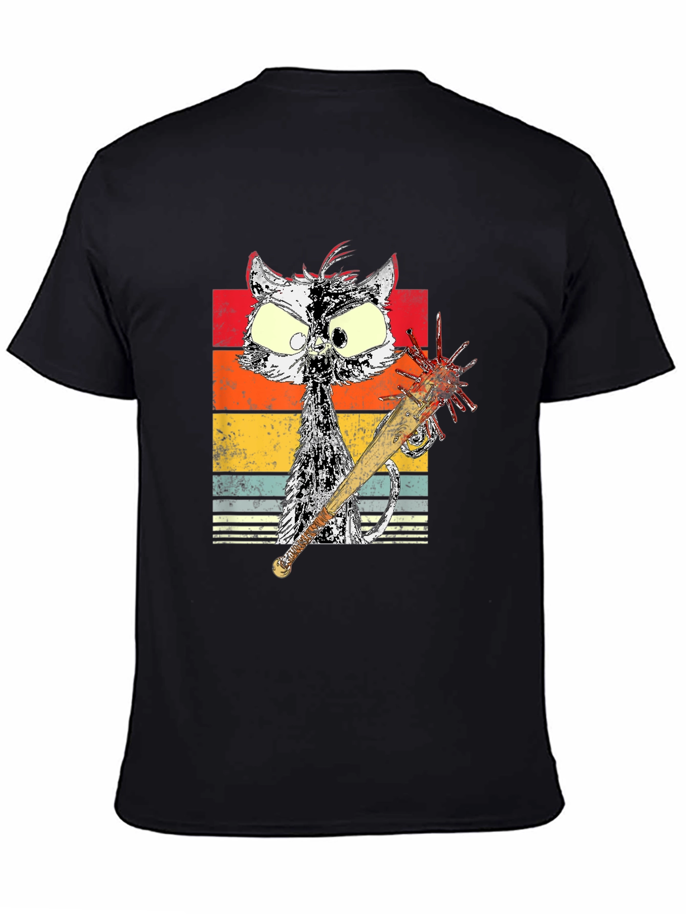 Black Retro Cat with Spiked Bat Graphic Tee view 4