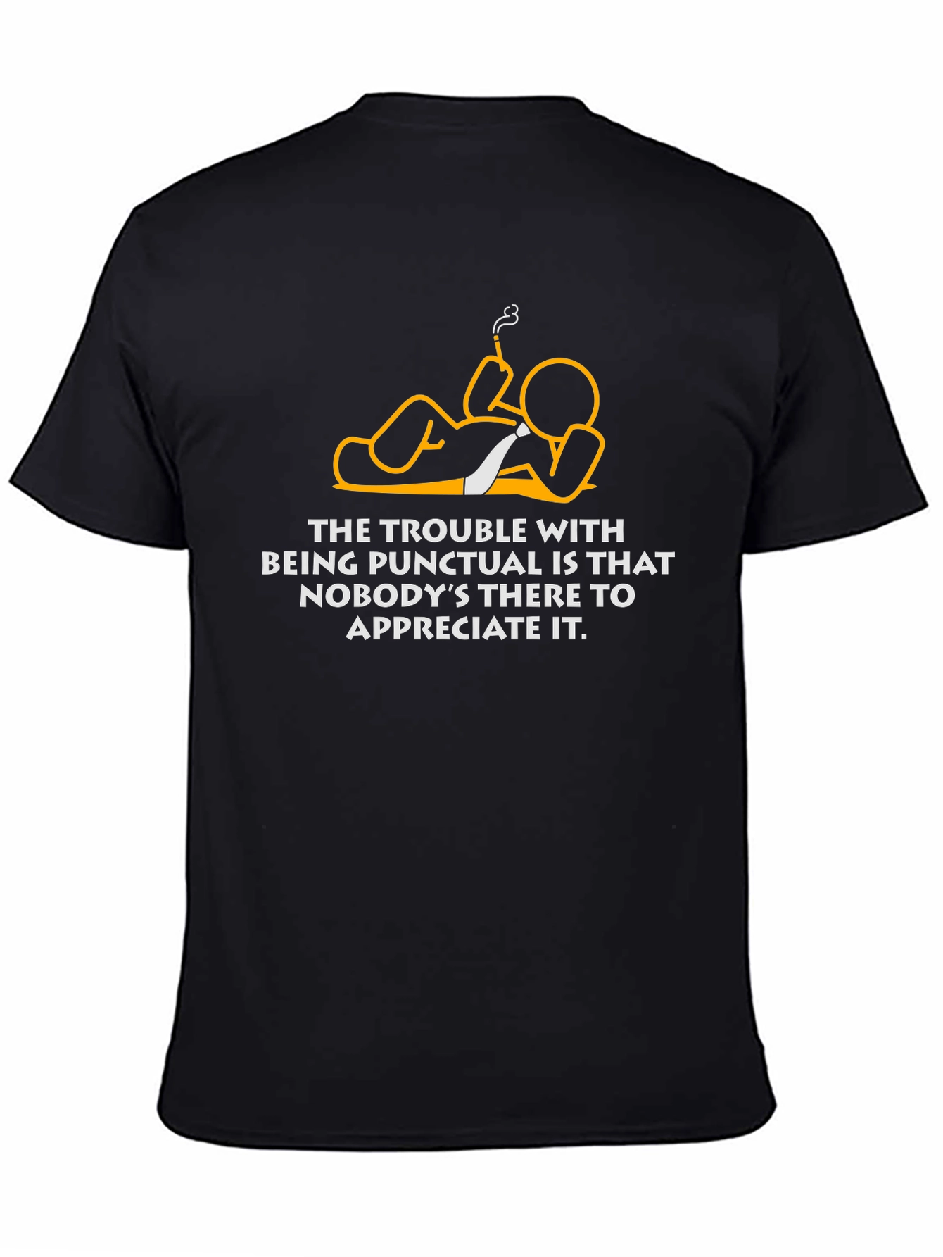 Black Punctual Humor T-Shirt - Lazy Cartoon Graphic Tee view 4
