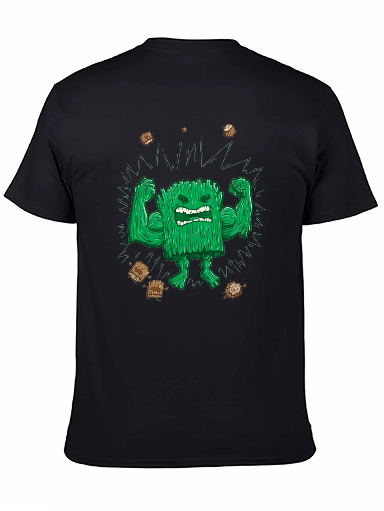 Black Funny Graphic T-Shirt: Grass Character Flexing view 4