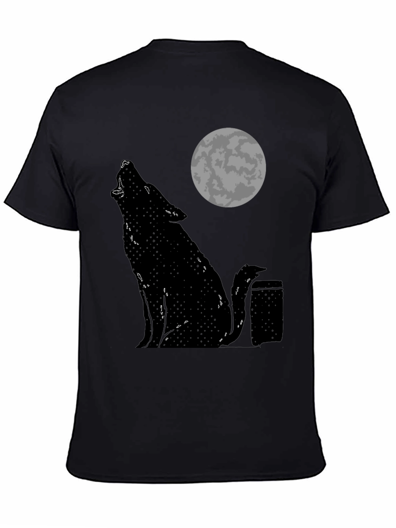 Black Wolf Howling at Moon Graphic Tee - Black Cotton T-Shirt view 4