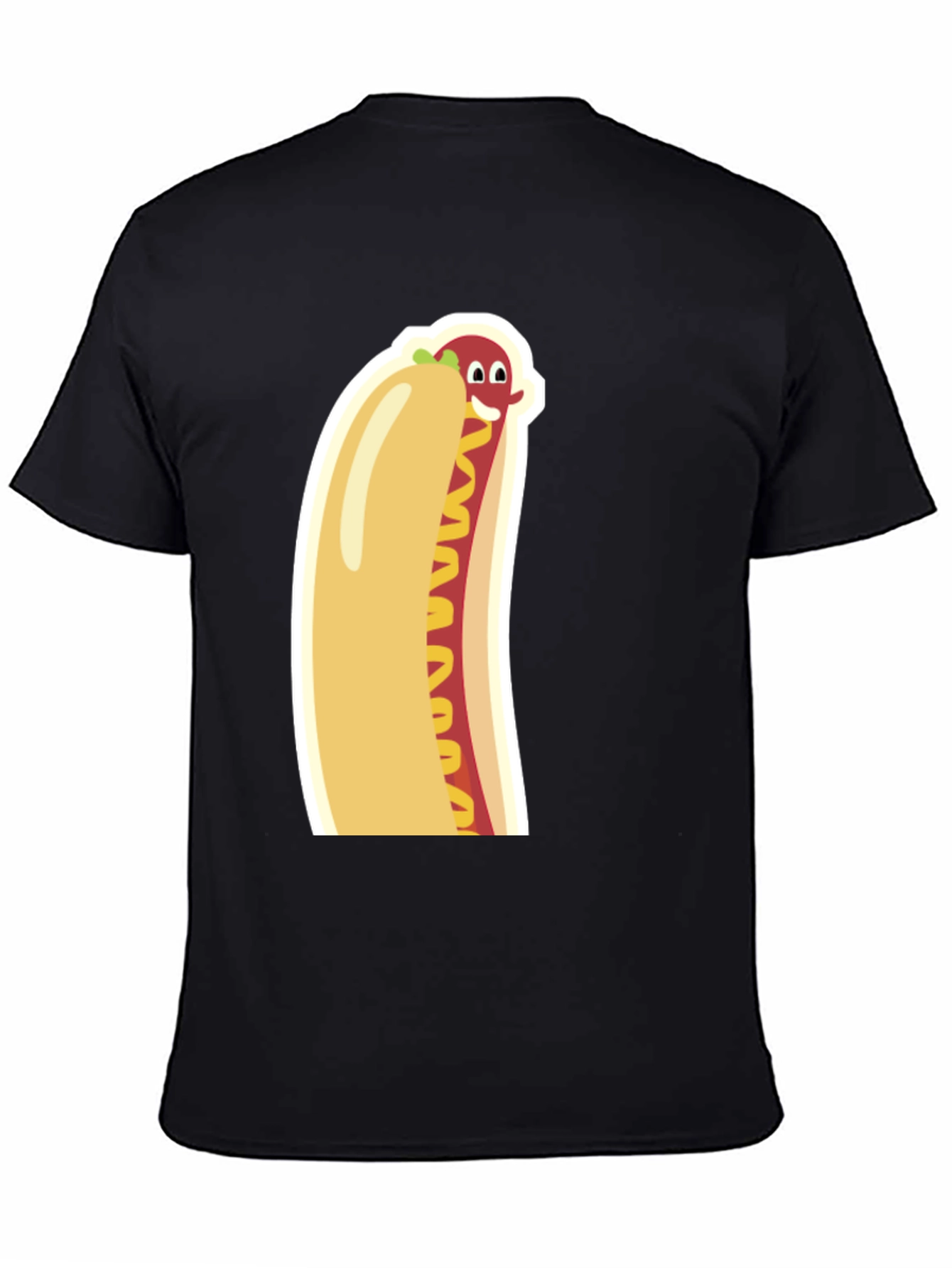 Black Funny Cartoon Hot Dog Graphic Tee - Unisex Black T-Shirt view 4