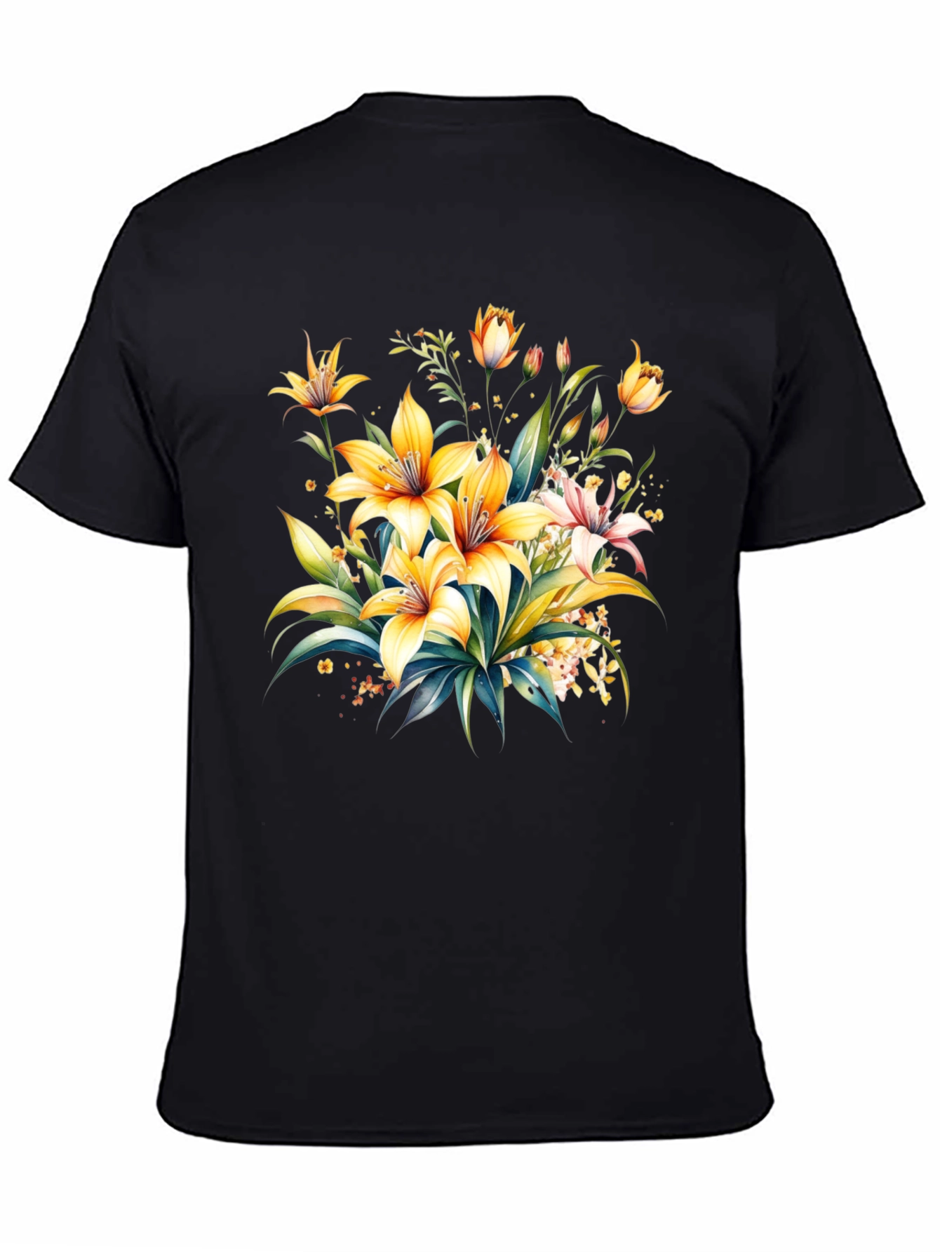 Black Floral Lily Graphic Tee - Black Cotton T-Shirt view 4