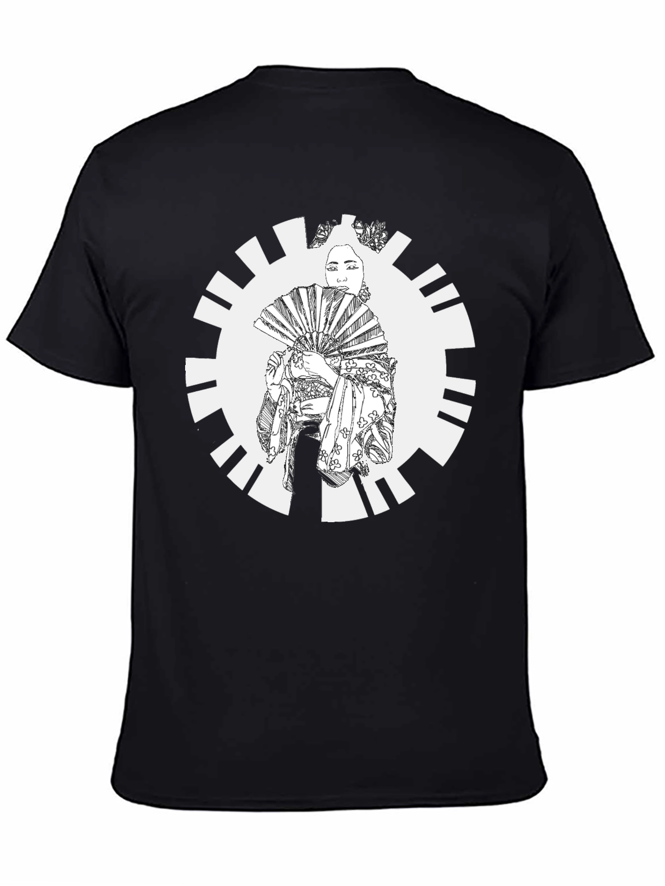 Black Geisha Fan Graphic Tee - Black Cotton Casual Wear view 4