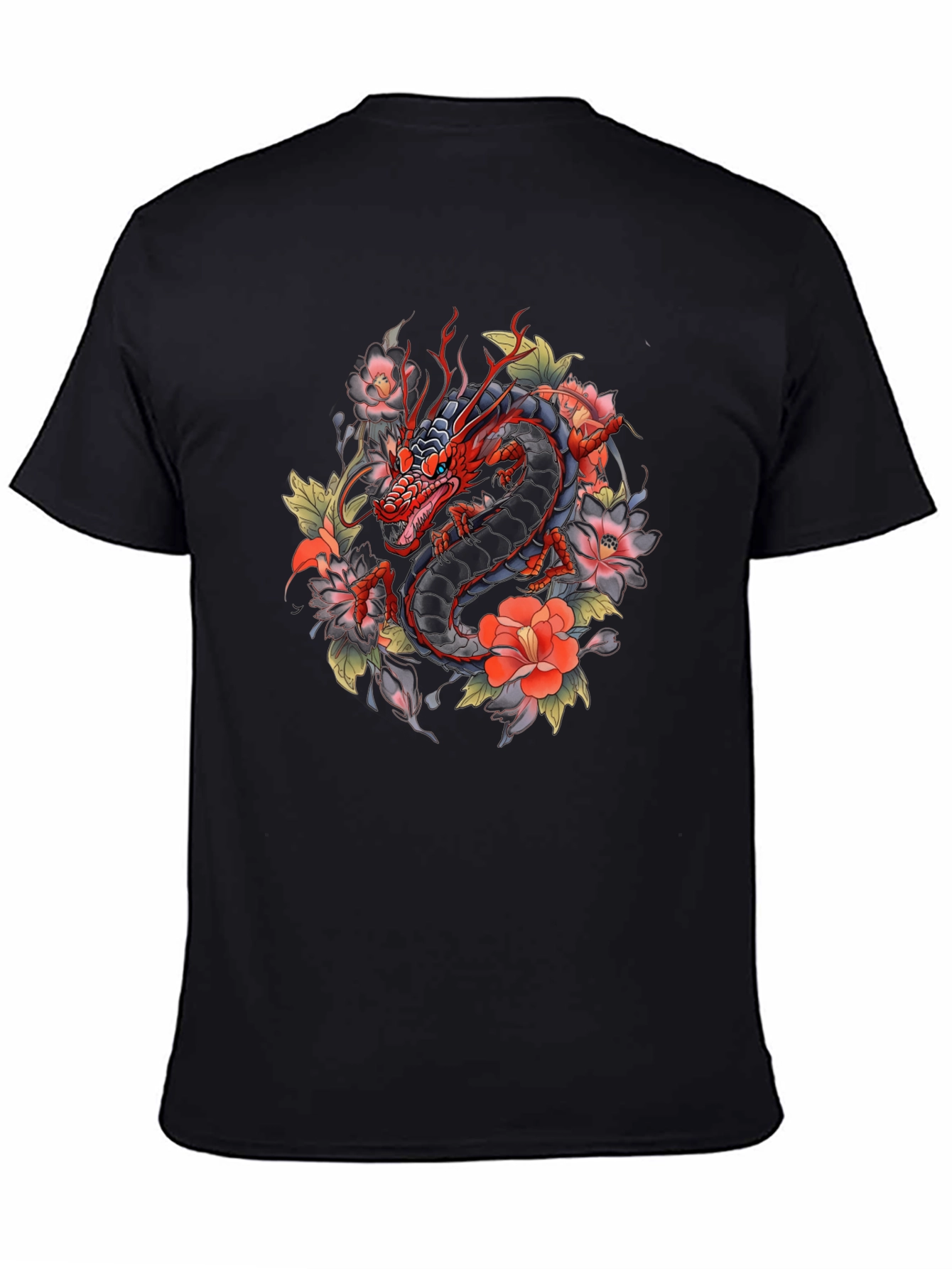 Black Dragon and Floral Graphic Tee - Black Cotton Blend view 4