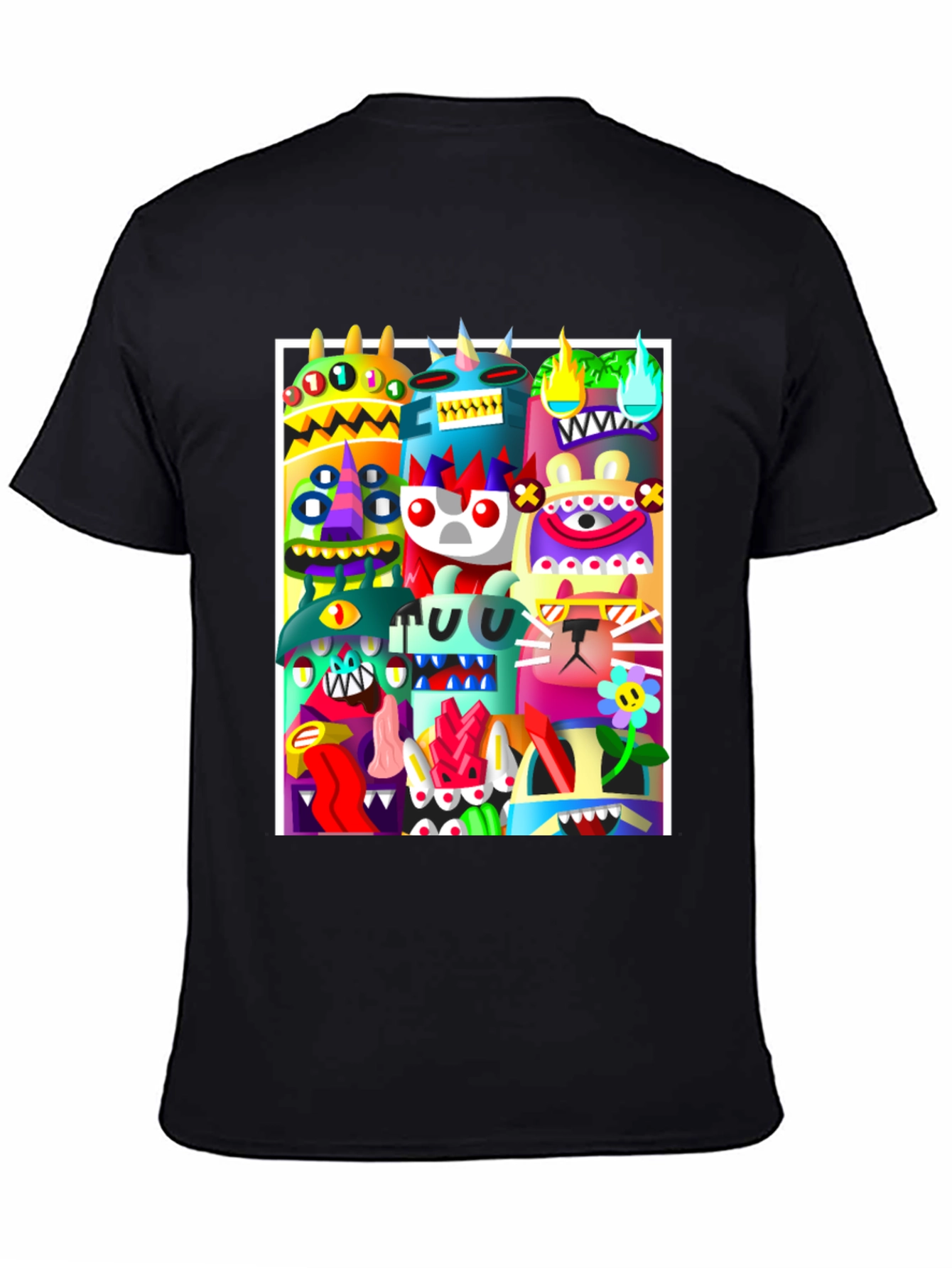 Black Colorful Cartoon Monster Graphic Print Black T-Shirt view 4