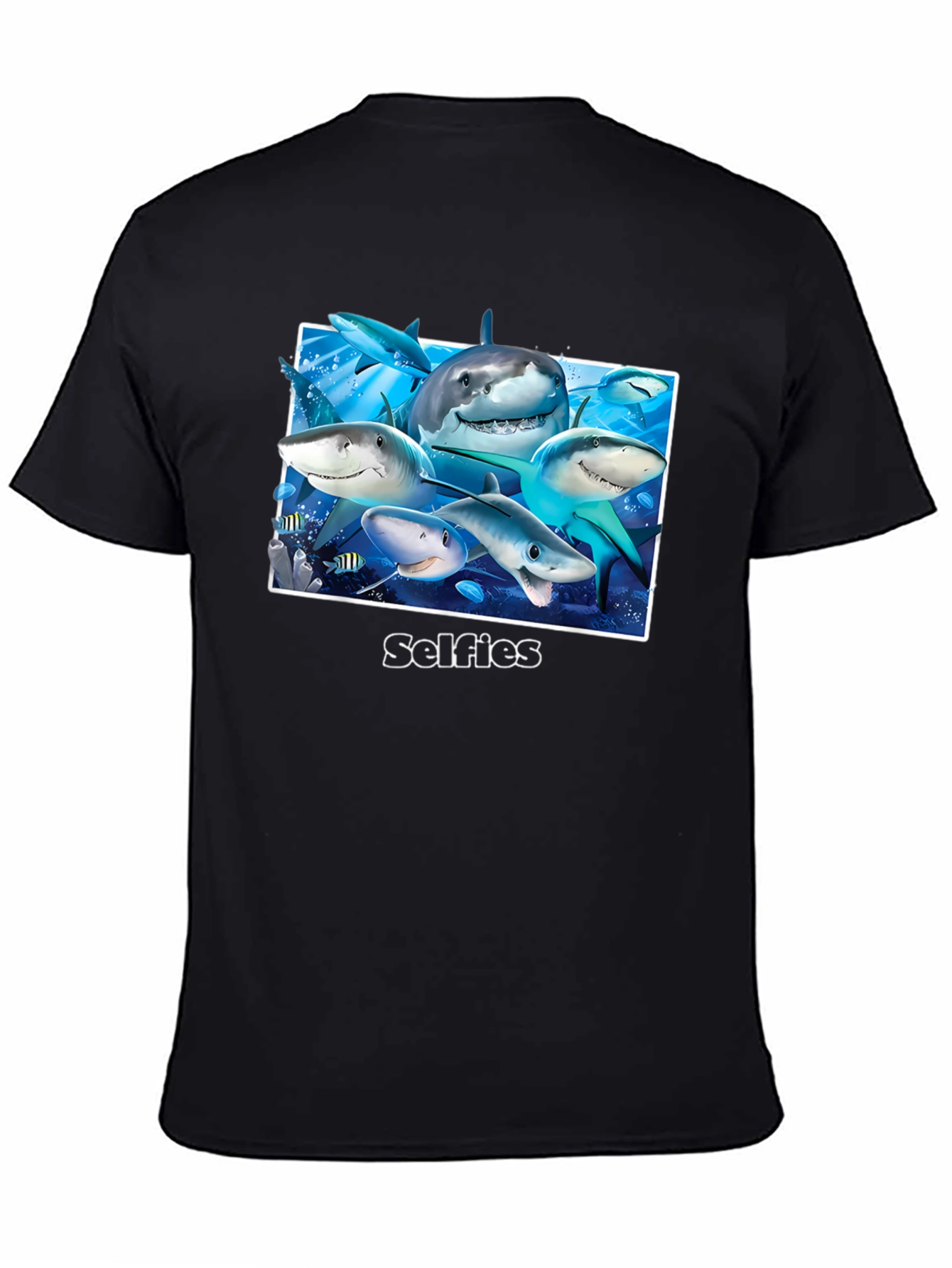 Black Shark Selfies Graphic T-Shirt - Unique Ocean Humor Tee view 4