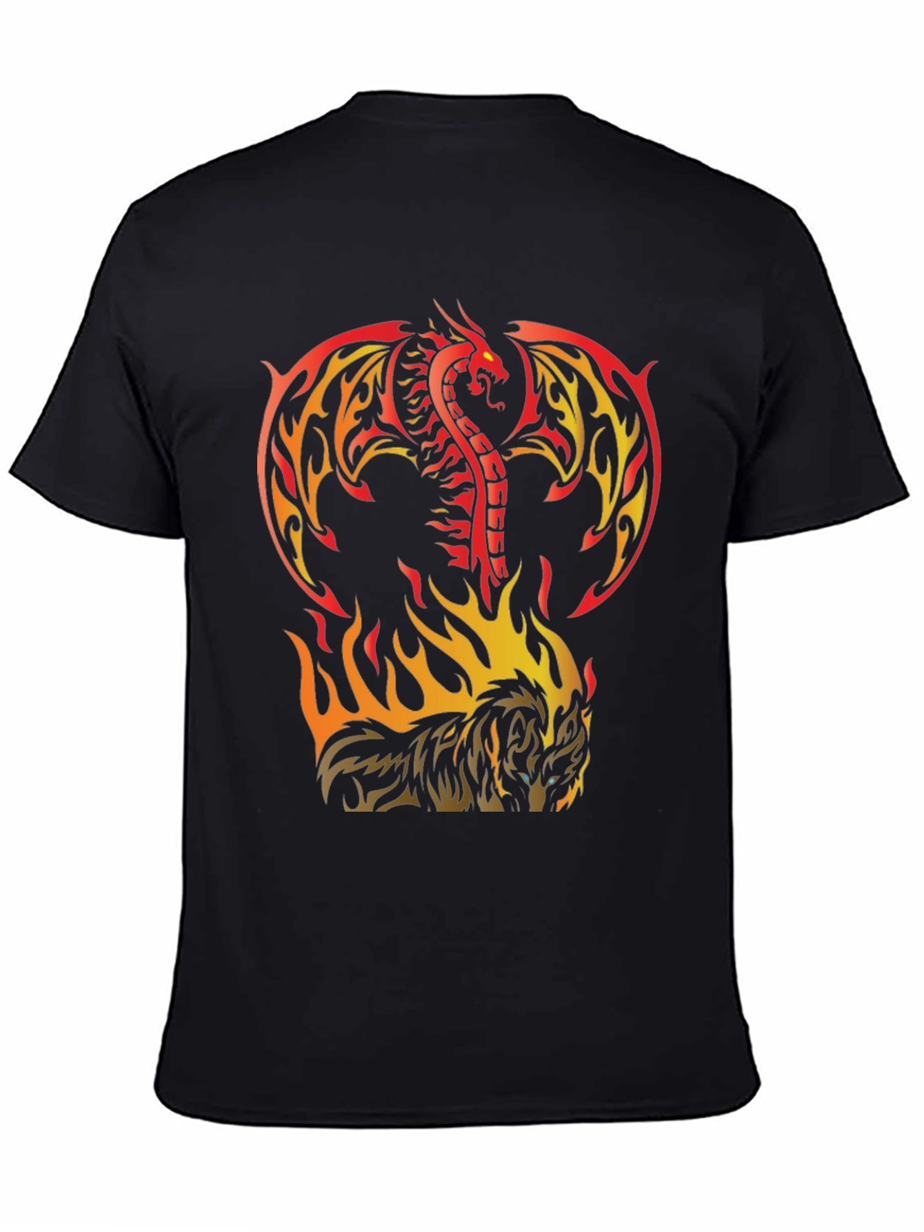 Black Fiery Dragon & Wolf Graphic Black T-Shirt view 4
