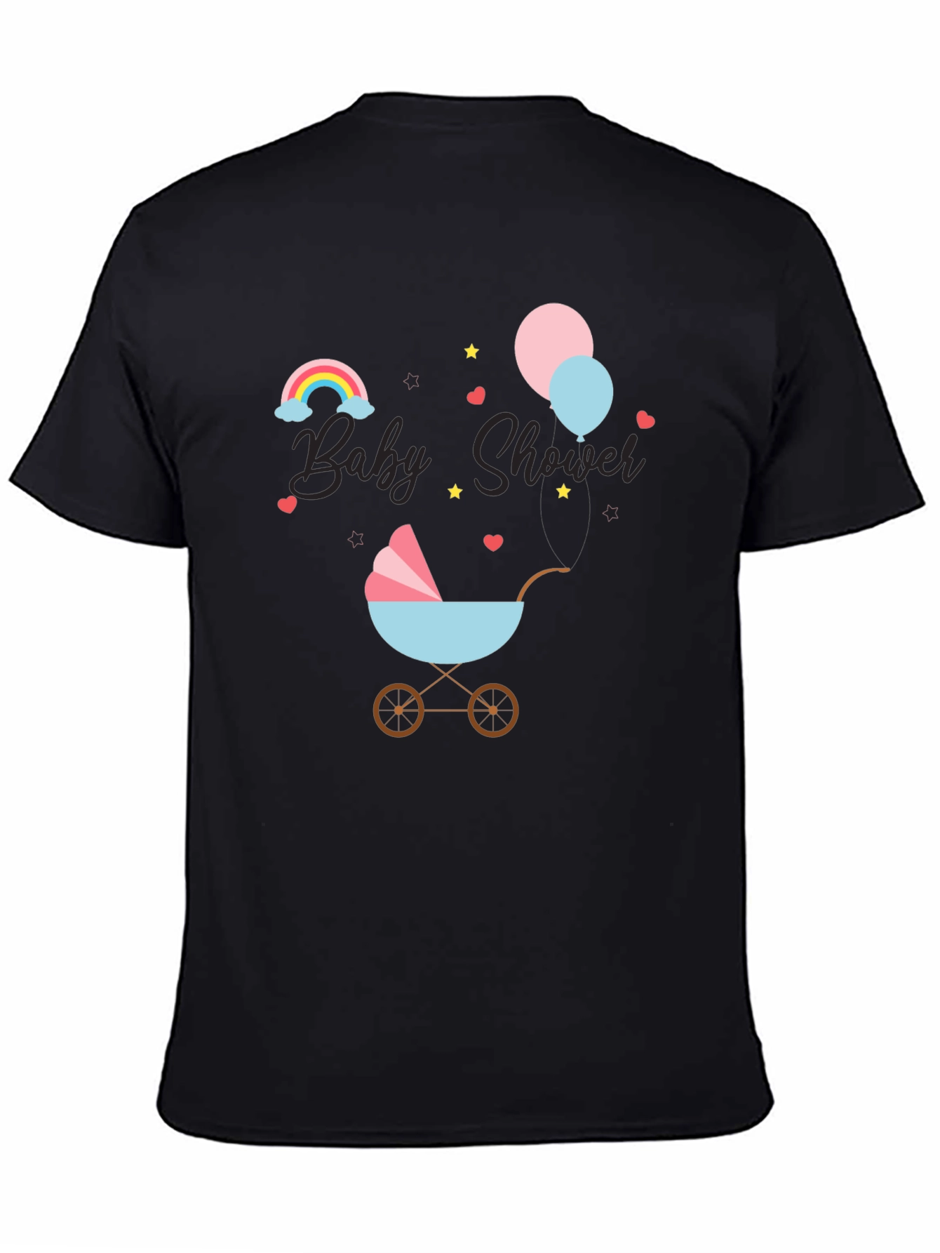 Black Baby Shower T-Shirt with Rainbow & Stroller Design view 4