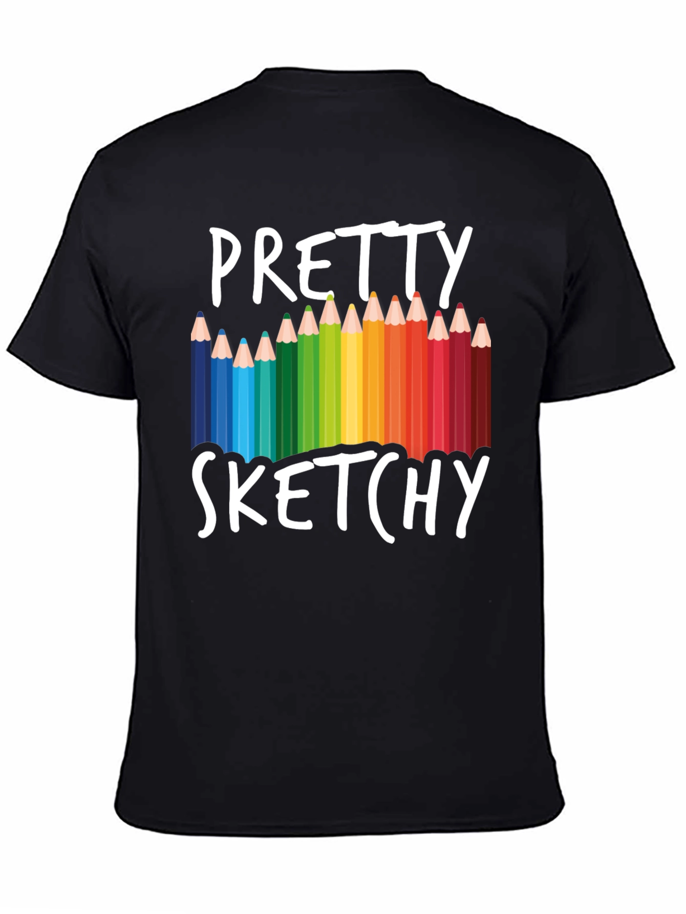 Black Pretty Sketchy T-Shirt, Colorful Pencil Design Tee view 4