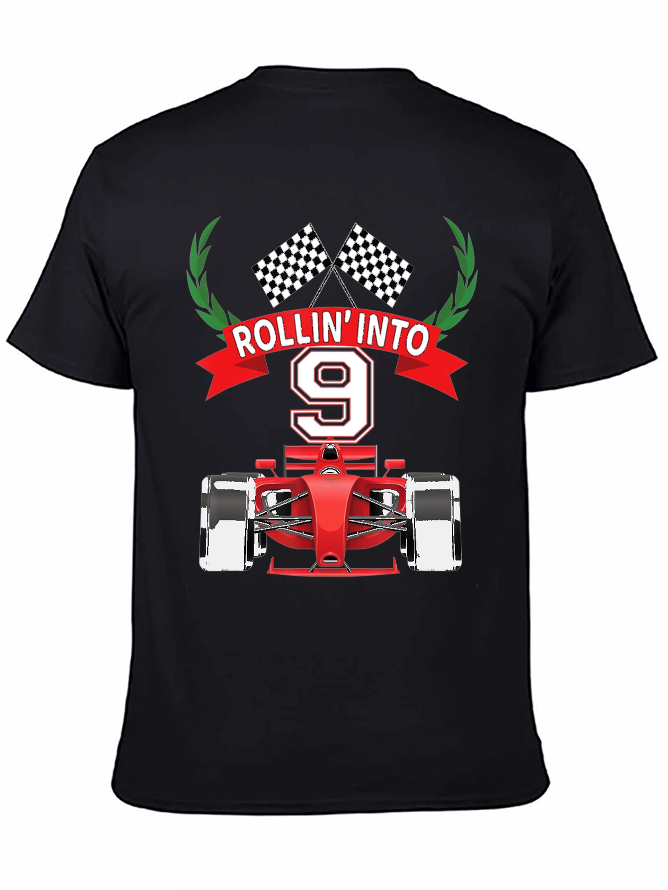 Black Rollin' Into 9 T-Shirt, Race Car Birthday Tee view 4