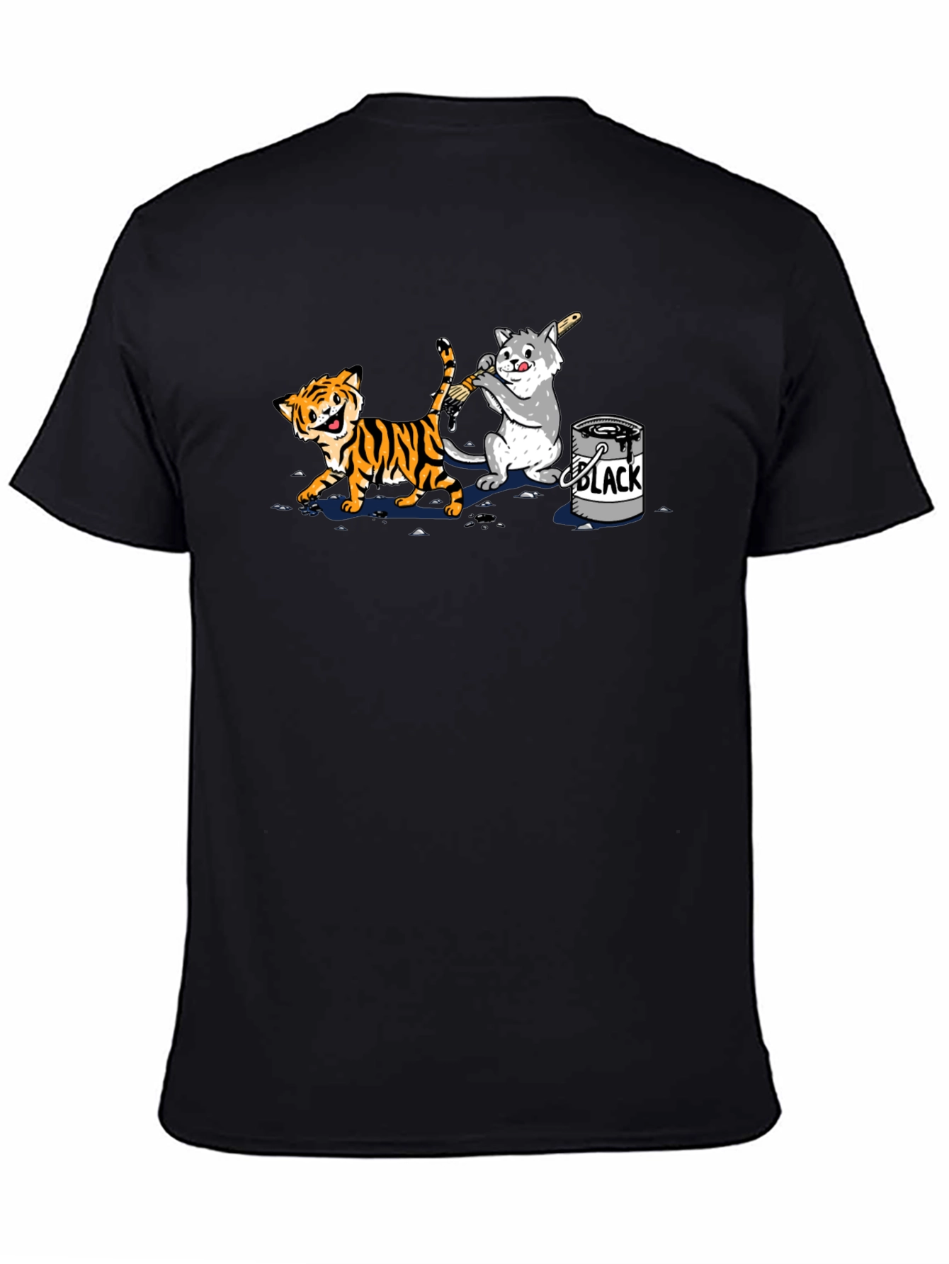 Black Funny Cartoon Cat and Tiger Black T-Shirt view 4