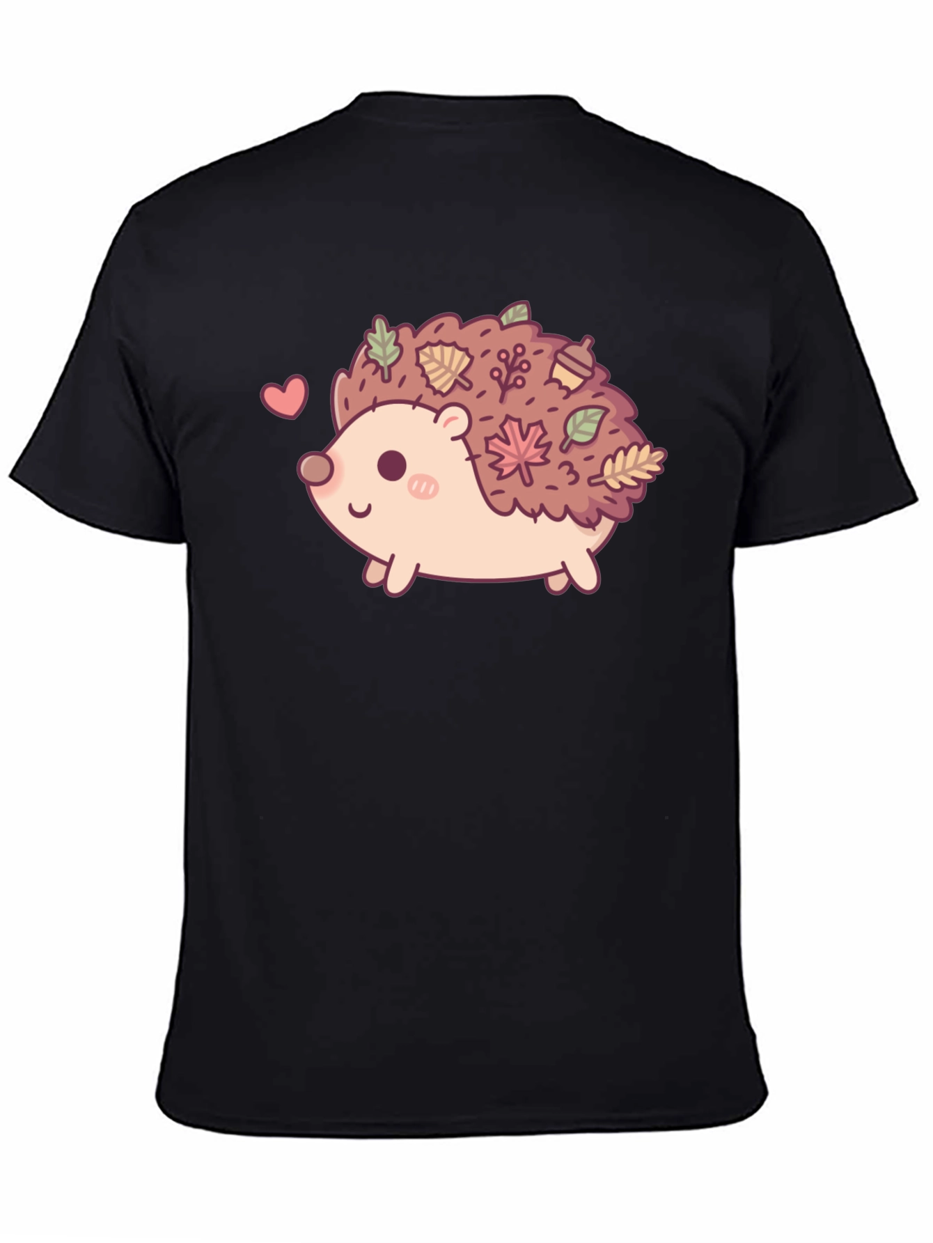Black Cute Hedgehog Leaves Graphic Tee - Black view 4