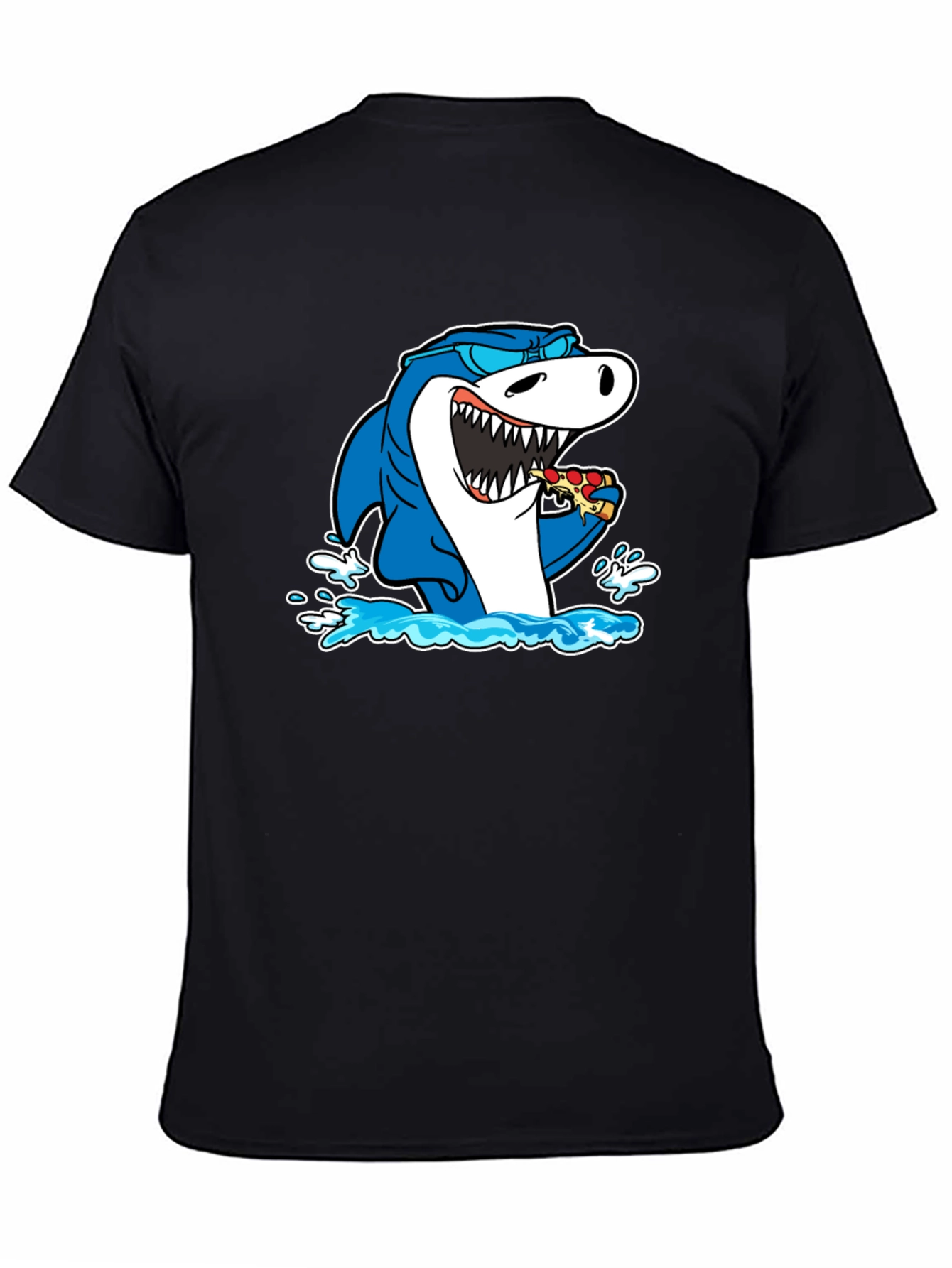 Black Shark Eating Pizza T-Shirt - Black Cotton Graphic Tee view 4