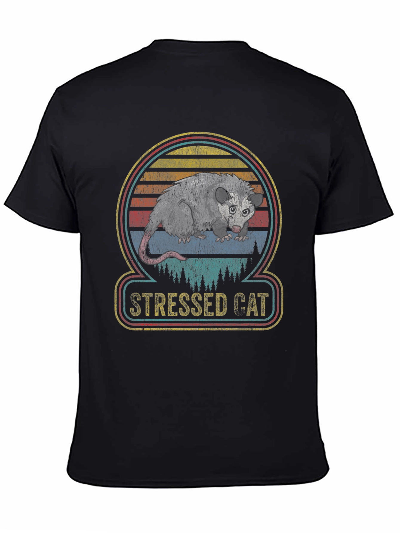 Black Stressed Cat Opossum Graphic Tee view 4