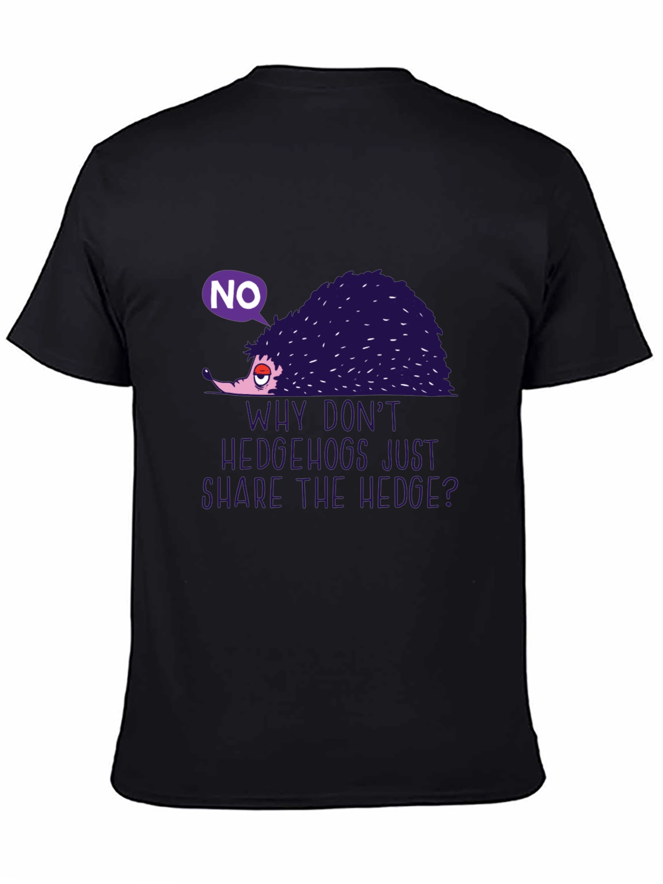 Black Humorous Hedgehog Graphic Tee - "Why Don't Hedgehogs Just Share The Hedge?" view 4