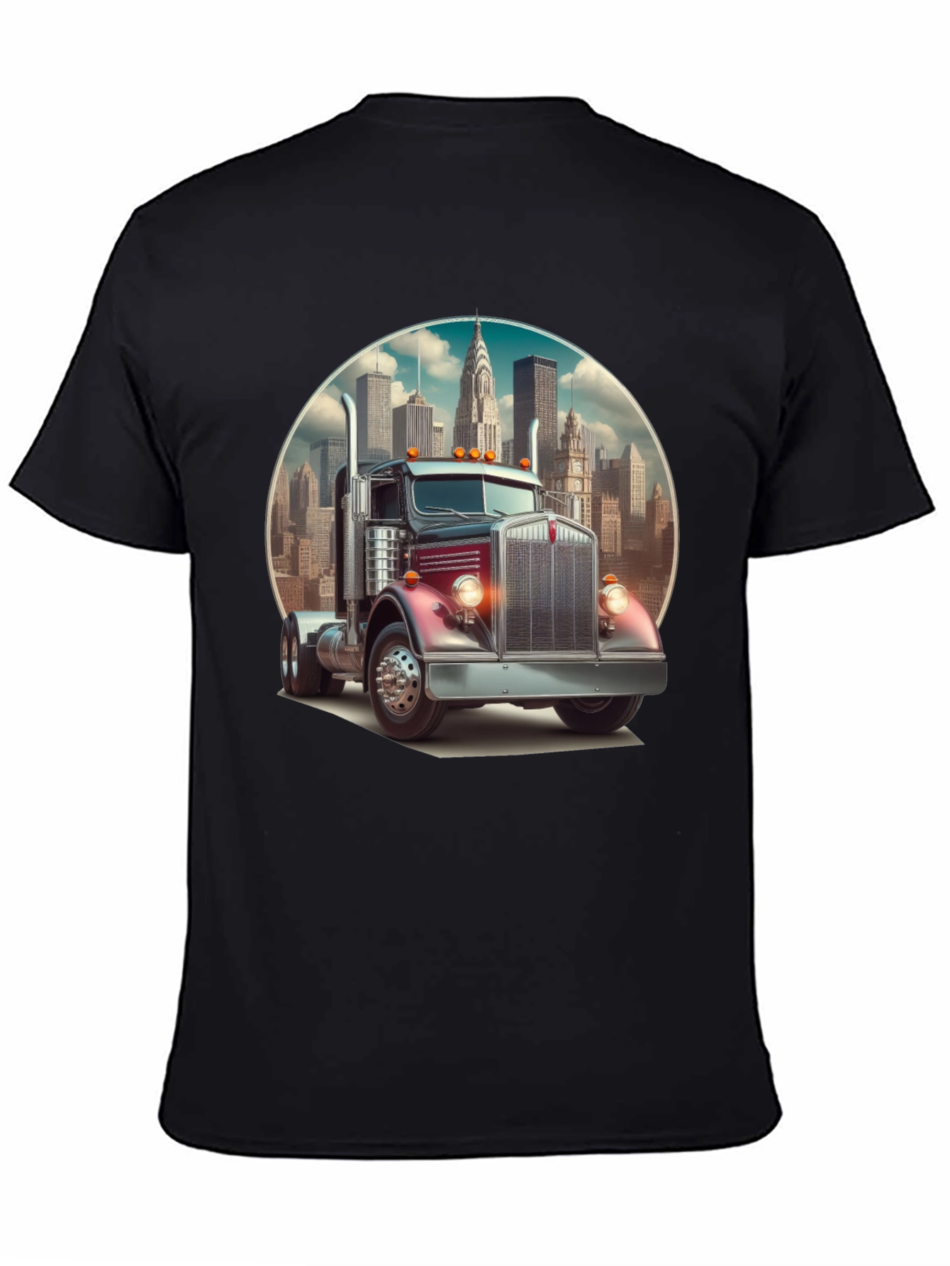 Black Trucker Tee: Vintage Big Rig & Cityscape view 4