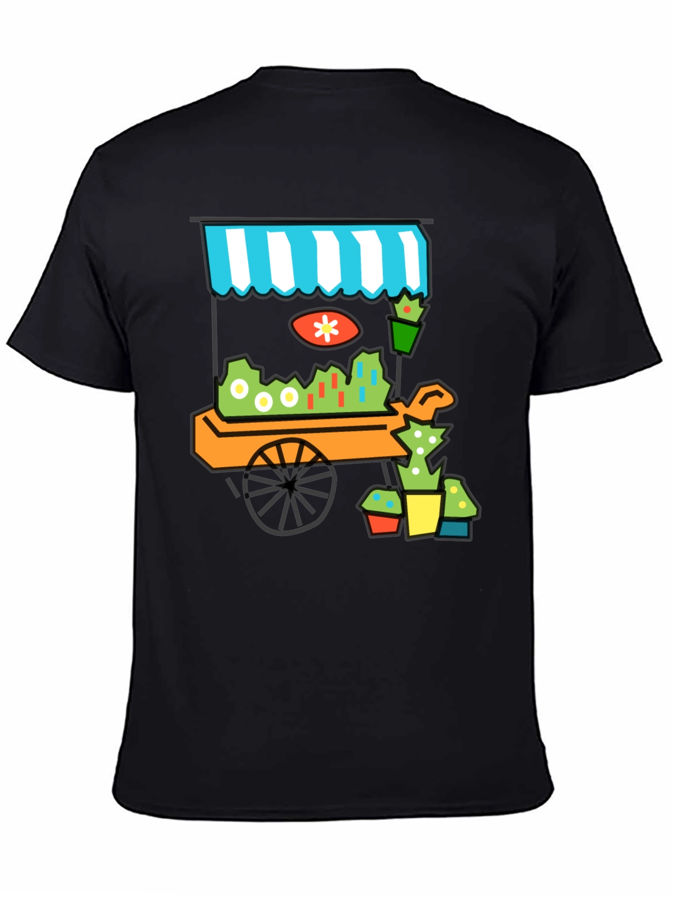 Black Whimsical Market Cart T-Shirt - Black Cotton Tee view 4