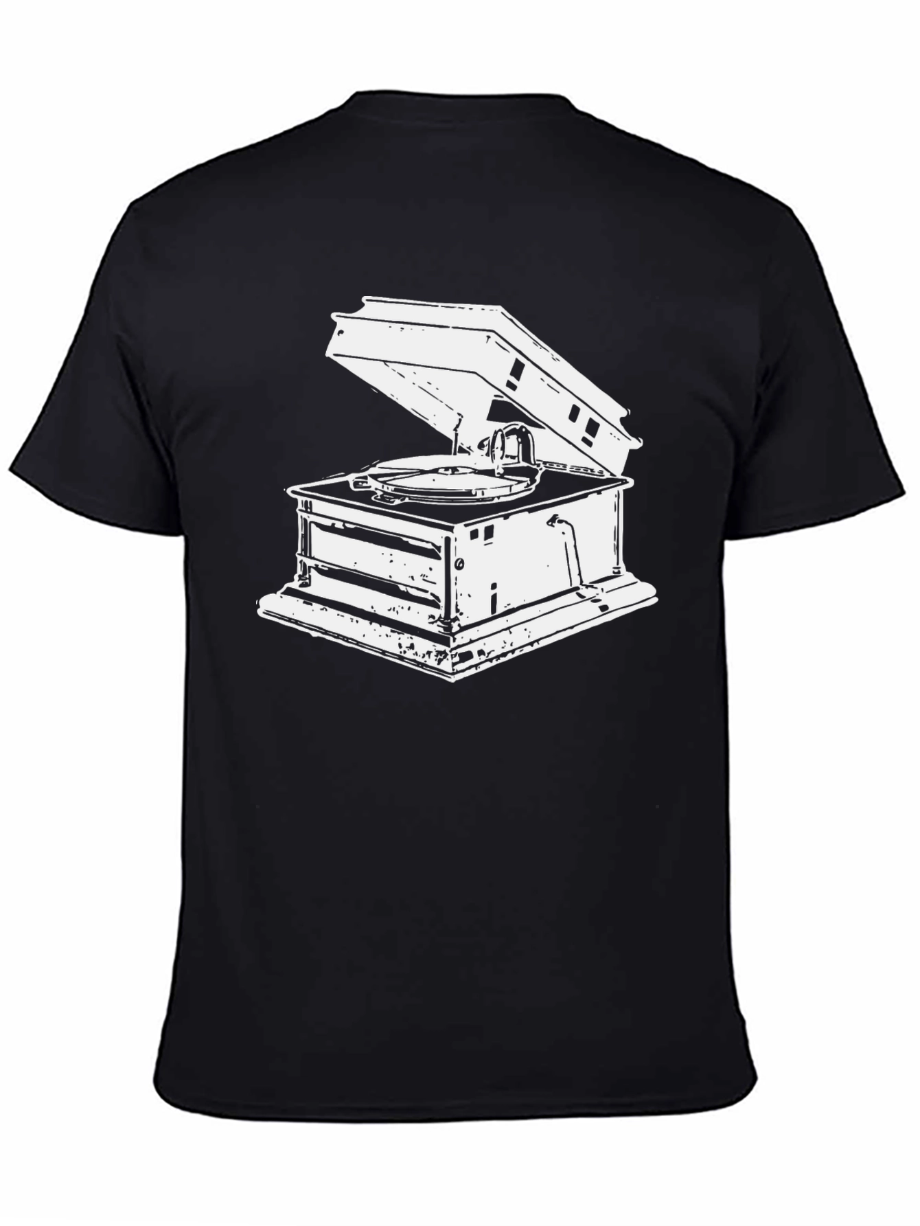 Black Vintage Gramophone Graphic Tee - Black Cotton T-Shirt view 4