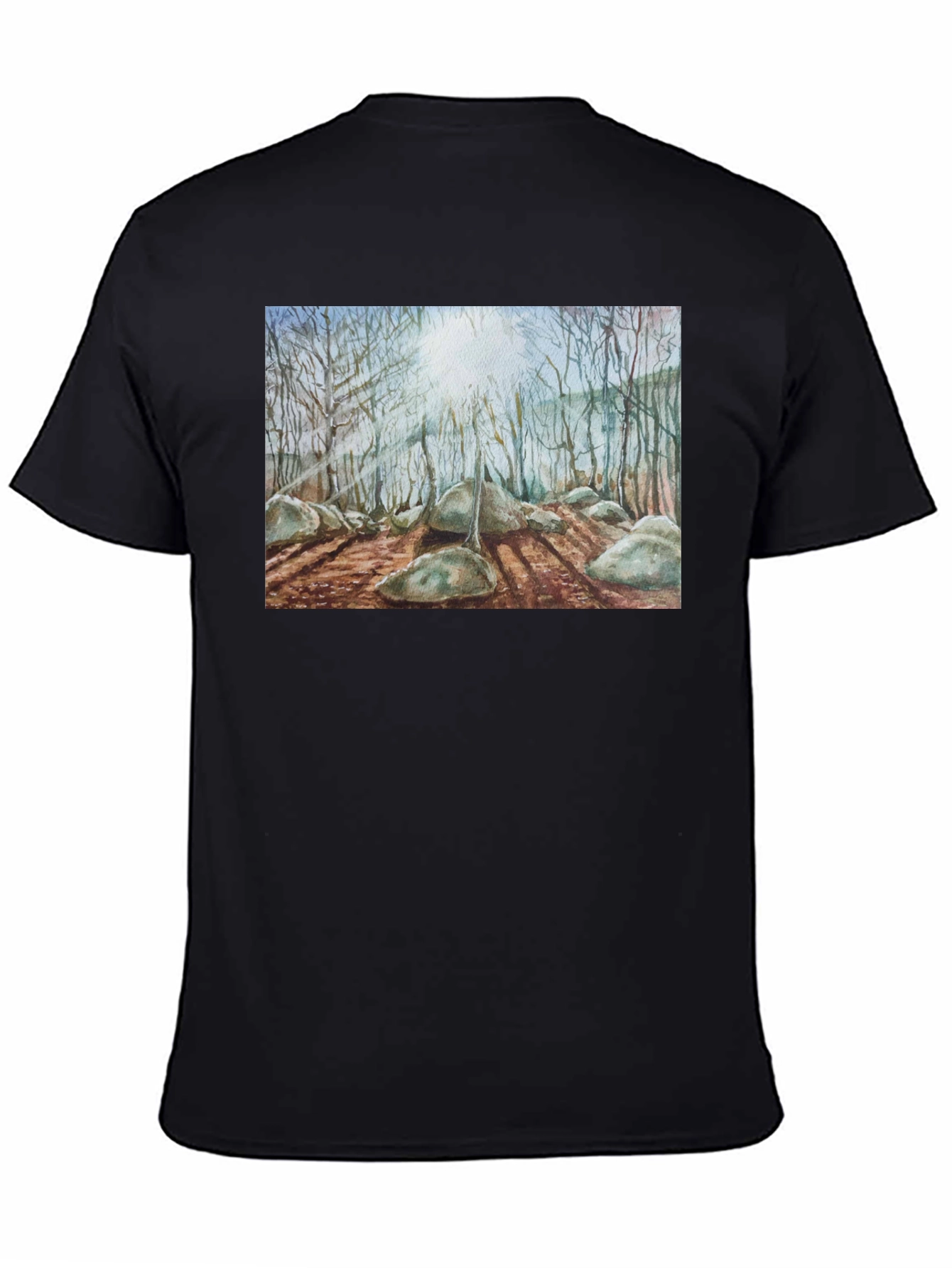 Black Watercolor Forest Print Black T-Shirt view 4