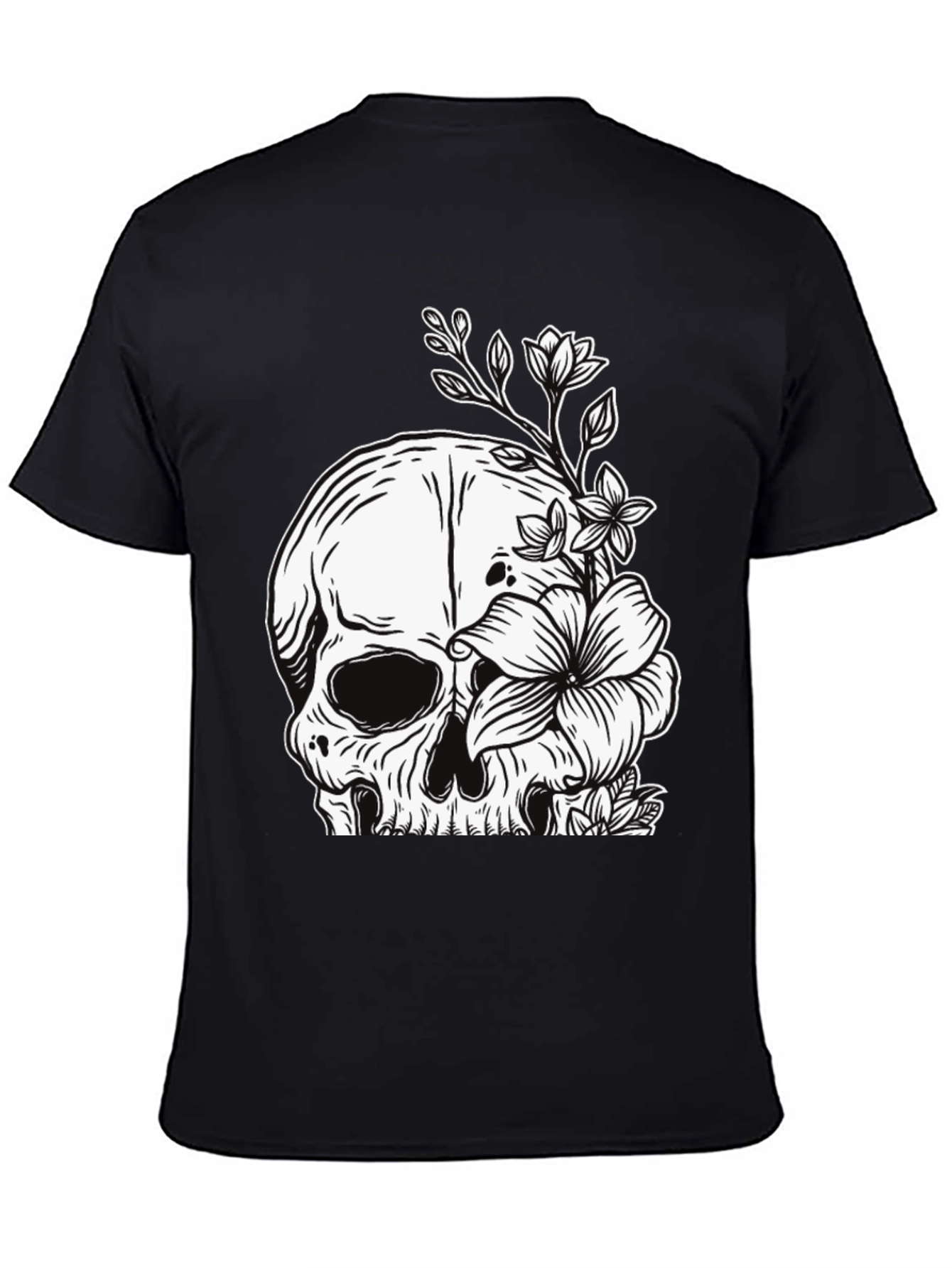 Black Skull and Flowers Graphic Black T-Shirt view 4