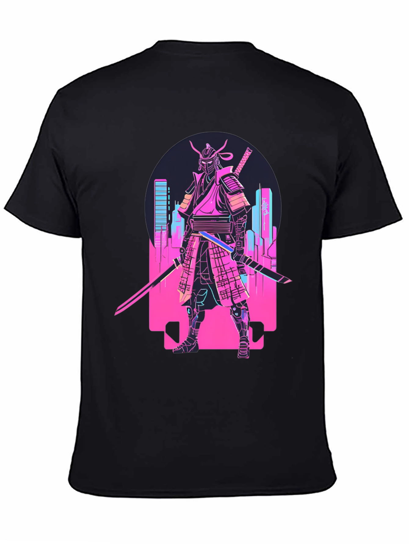 Black Cyberpunk Samurai T-Shirt - Neon City Warrior view 4