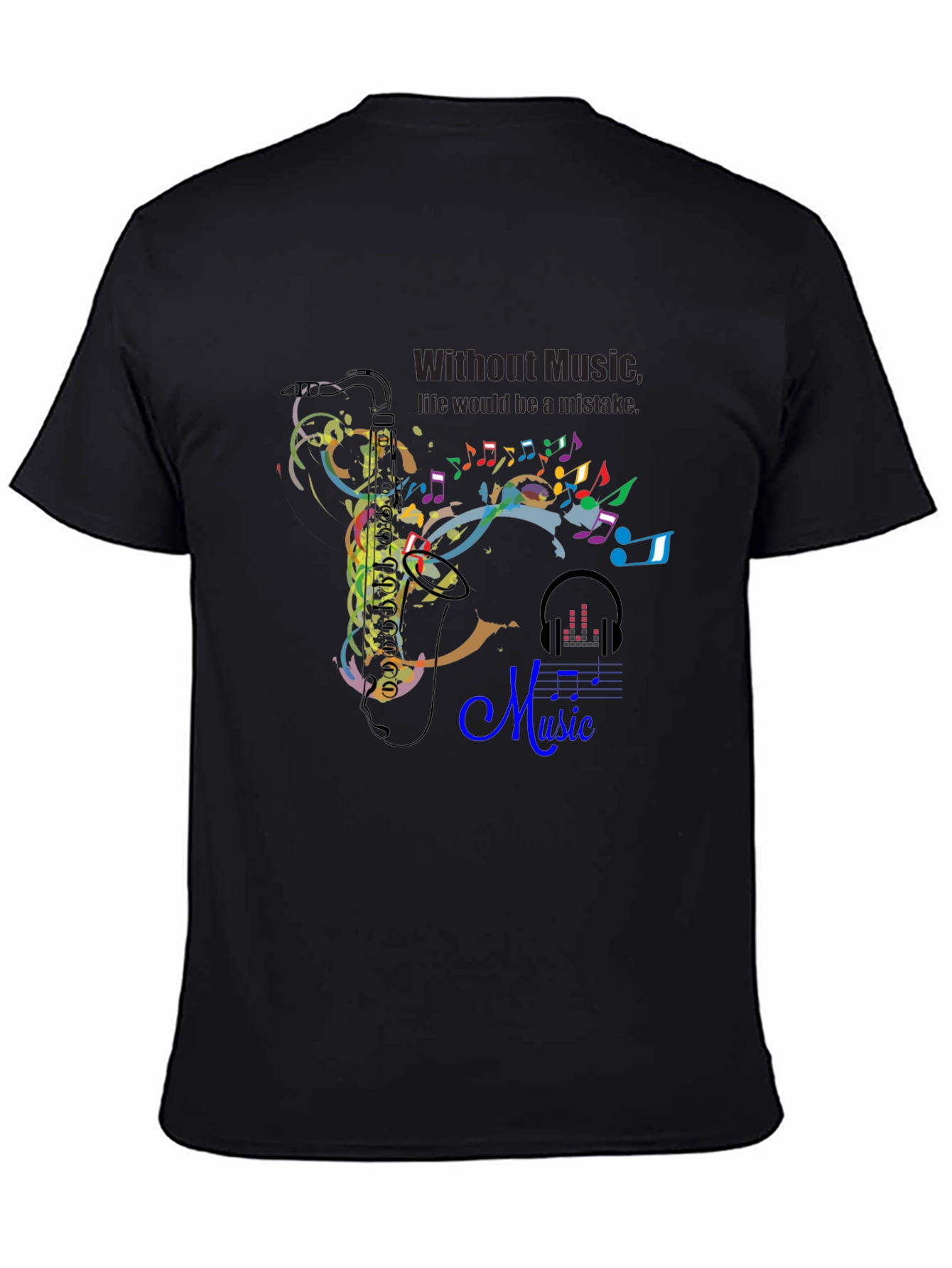 Black Music Lover's Tee: Saxophone & Notes Graphic Black T-Shirt view 4