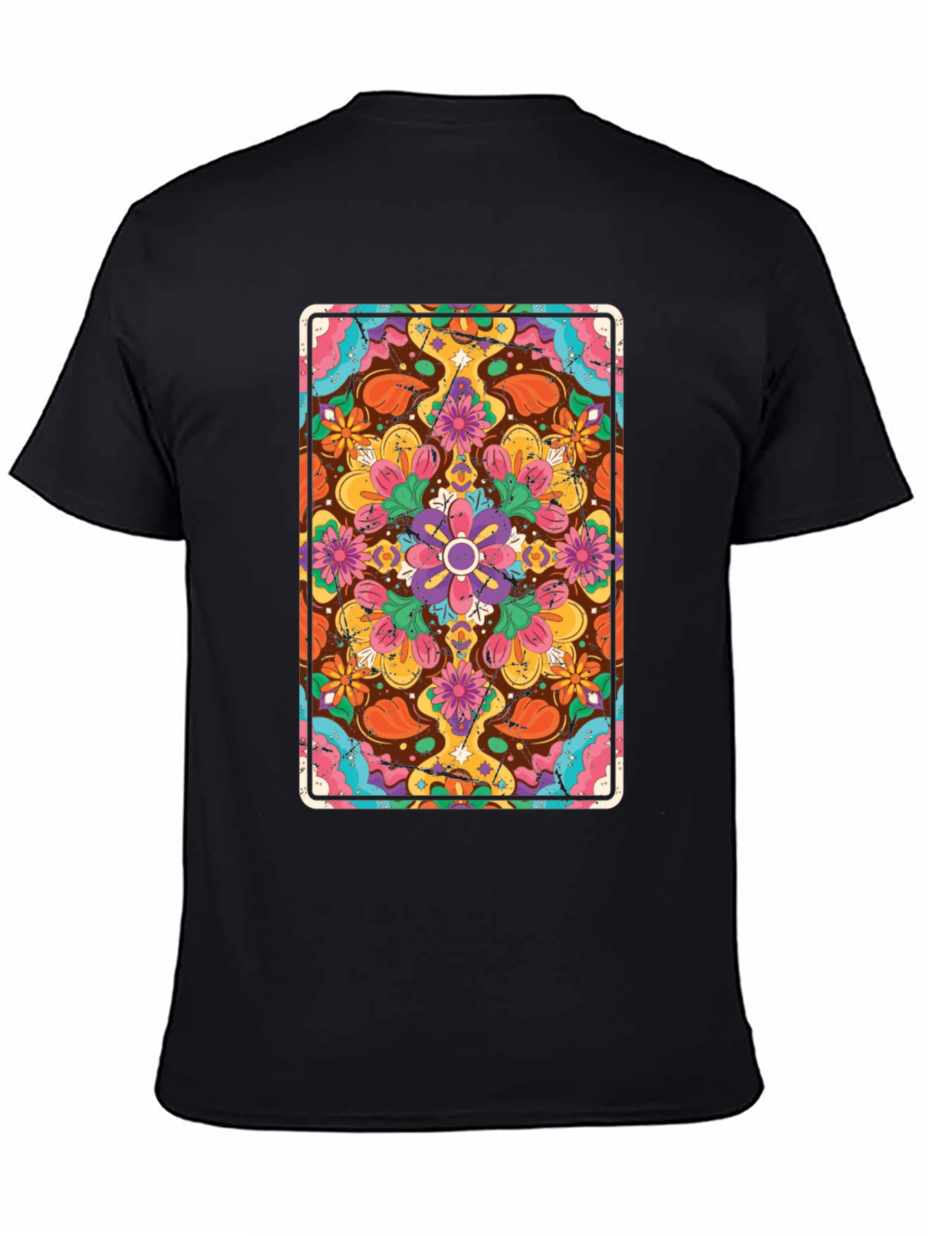 Black Floral Mandala Graphic Tee - Black Crew Neck T-Shirt view 4