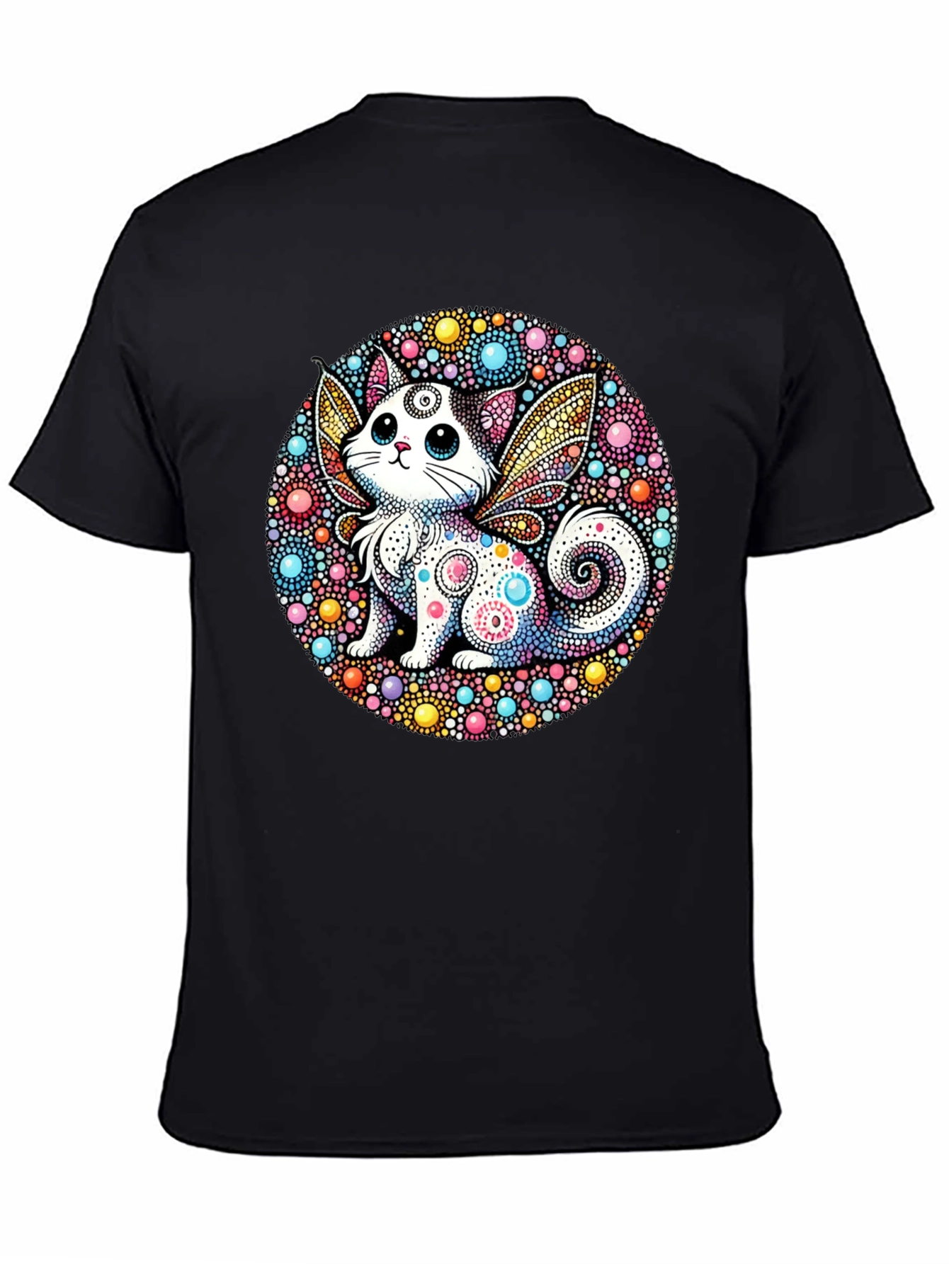 Whimsical Cat Fairy Black T-Shirt - 4