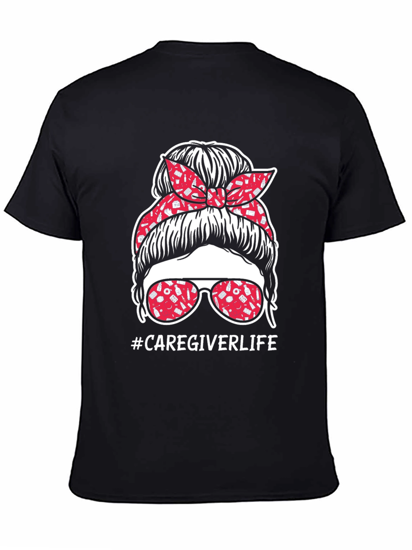 Black Caregiver Life Messy Bun T-Shirt view 4