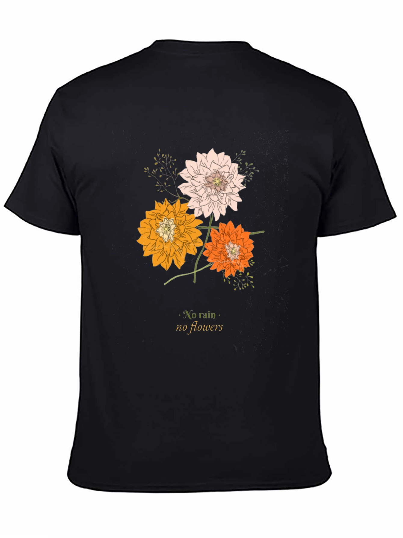 Black Floral Graphic Tee - "No Rain, No Flowers" Black T-Shirt view 4