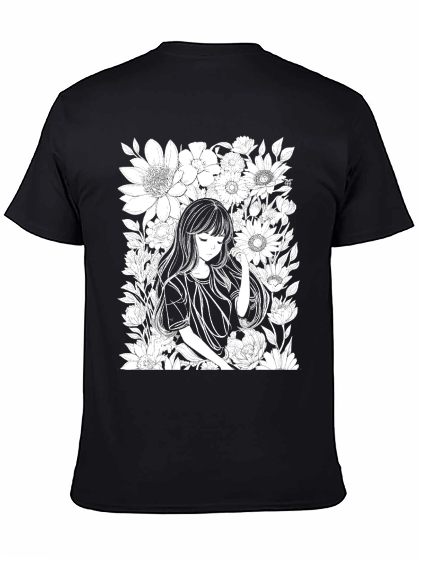 Black Anime Girl Floral T-Shirt - Black Cotton Tee view 4
