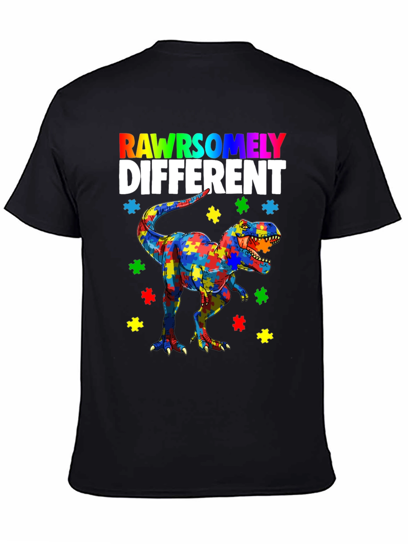 Black RAWRSOMELY DIFFERENT Autism Dinosaur T-Shirt view 4