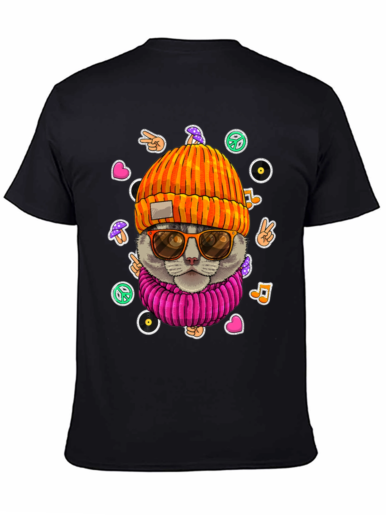 Black Cool Cat Graphic Tee - Hippie Style view 4