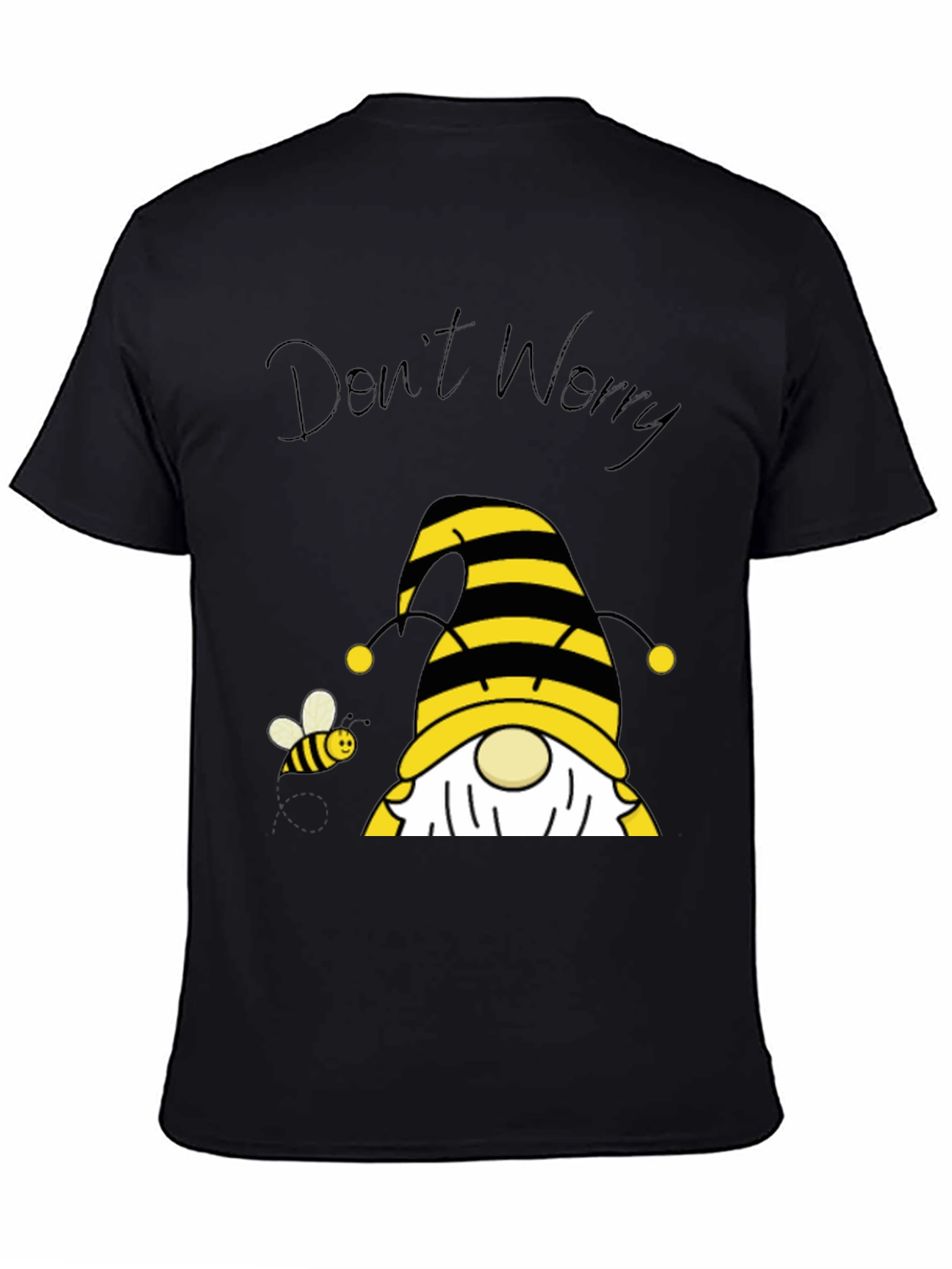 Black Don't Worry Bee Happy Gnome T-Shirt view 4