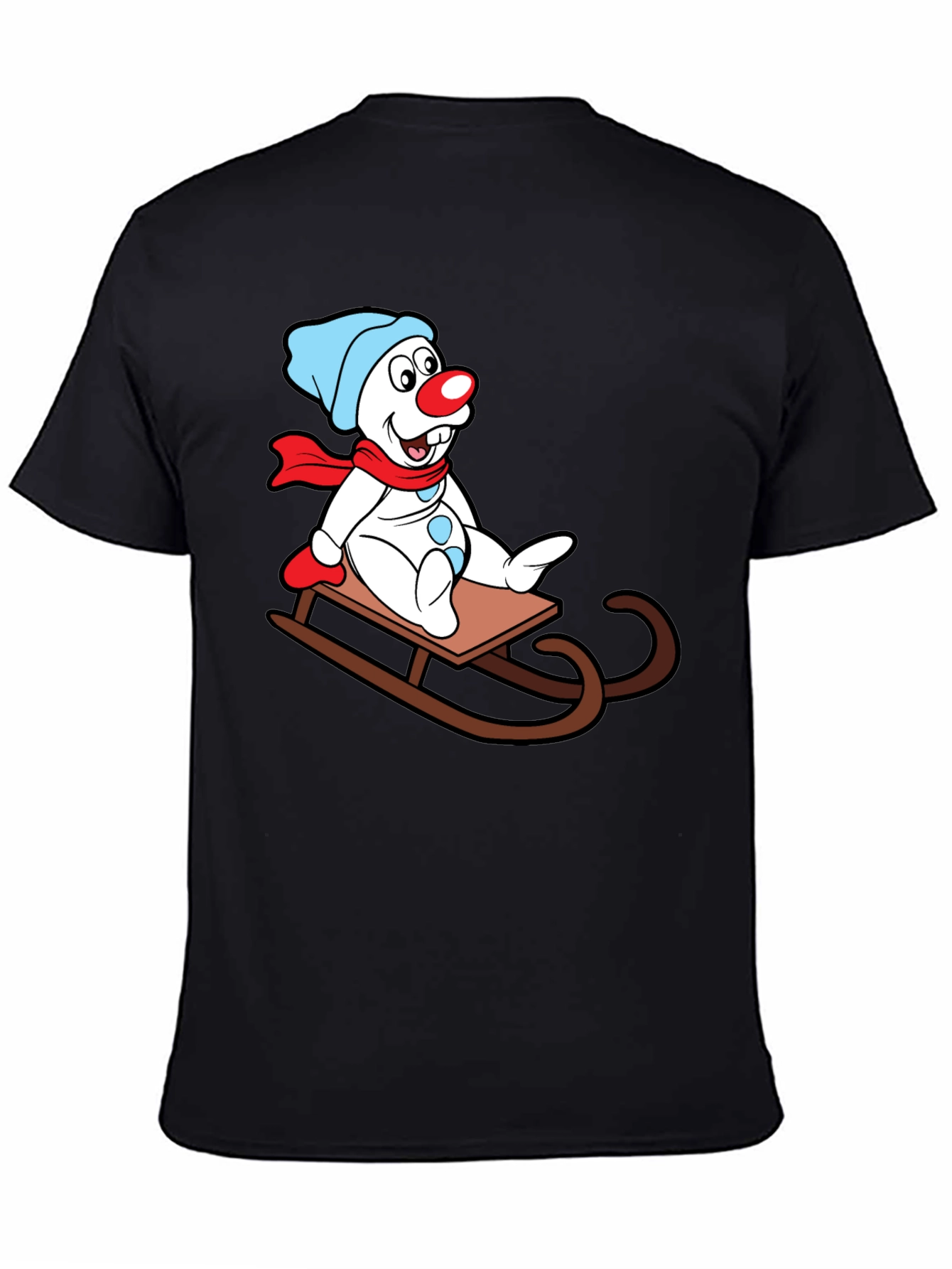 Black Frosty Sledding T-Shirt - Cartoon Snowman Design view 4