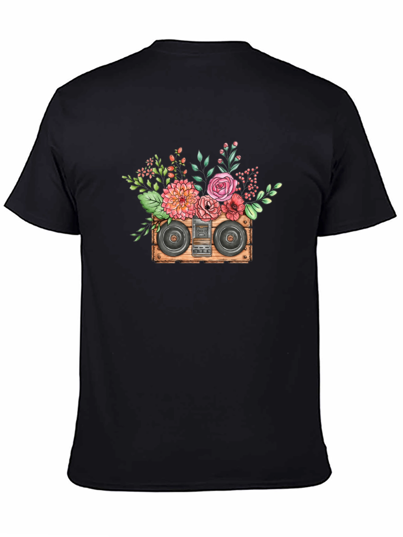 Black Floral Boombox Graphic Tee - Retro Music Style view 4