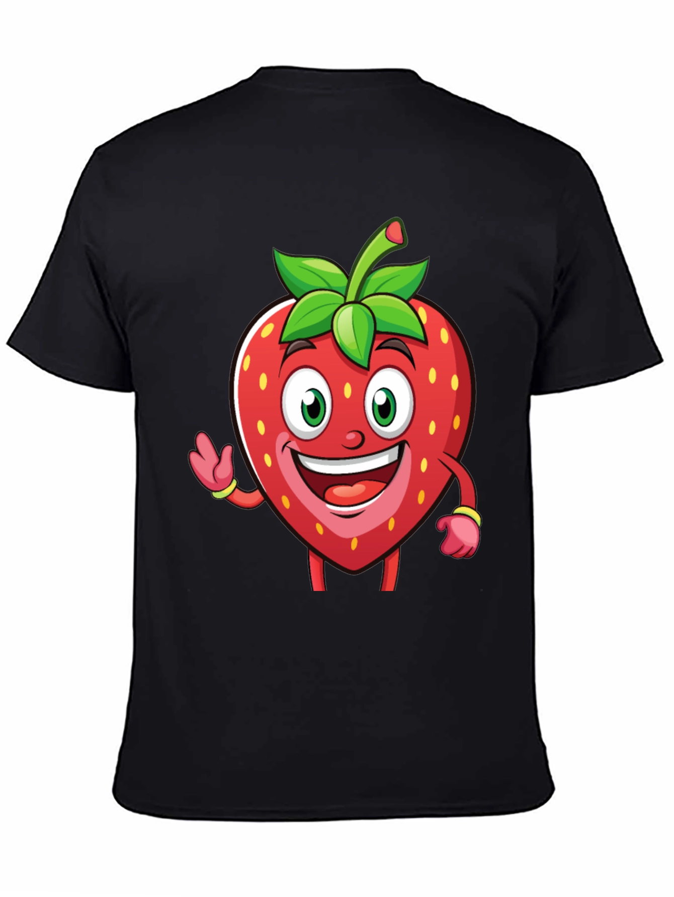 Black Funny Strawberry Cartoon T-Shirt - Black view 4