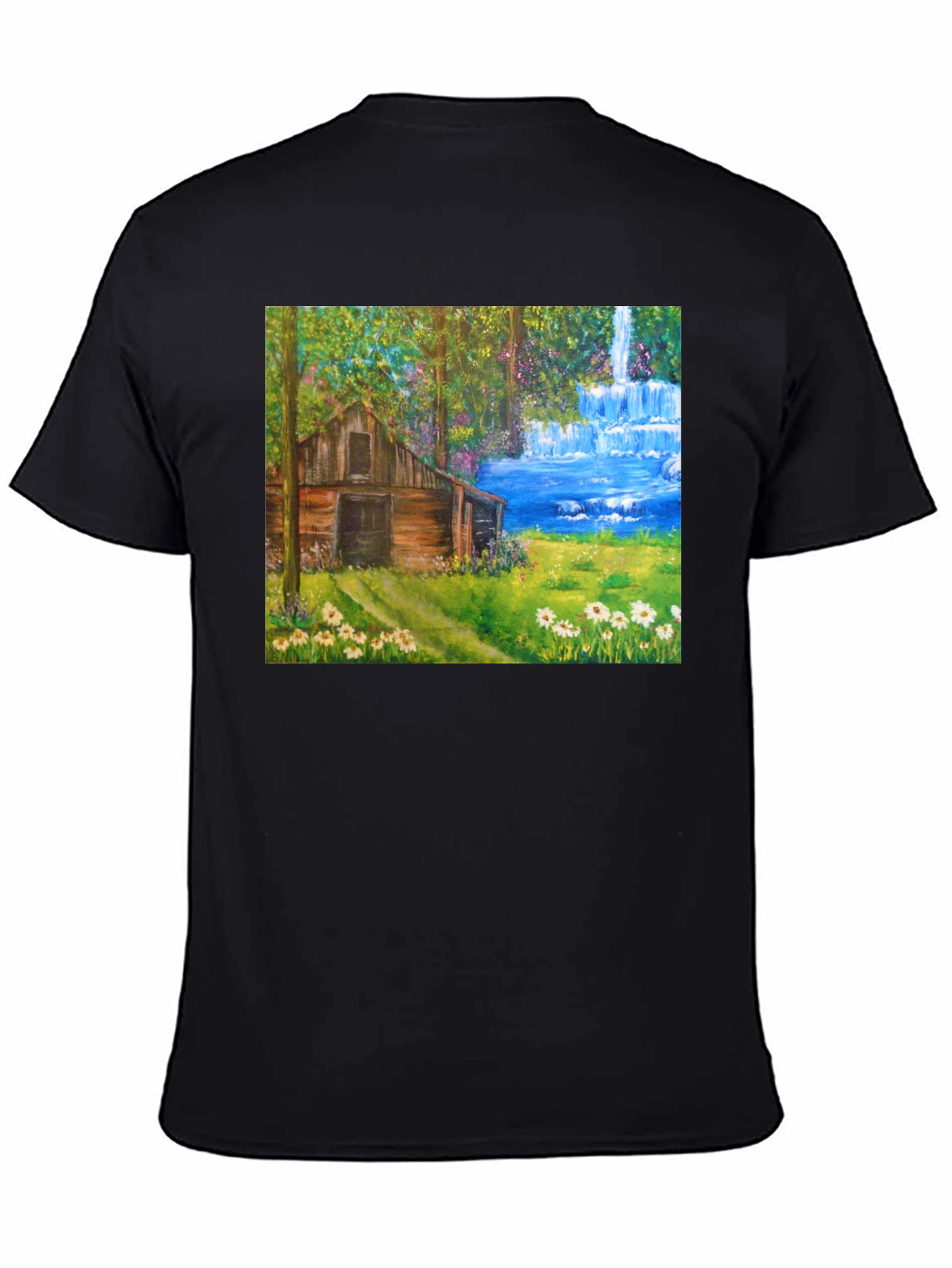 Black Cabin Waterfall Nature T-Shirt view 4