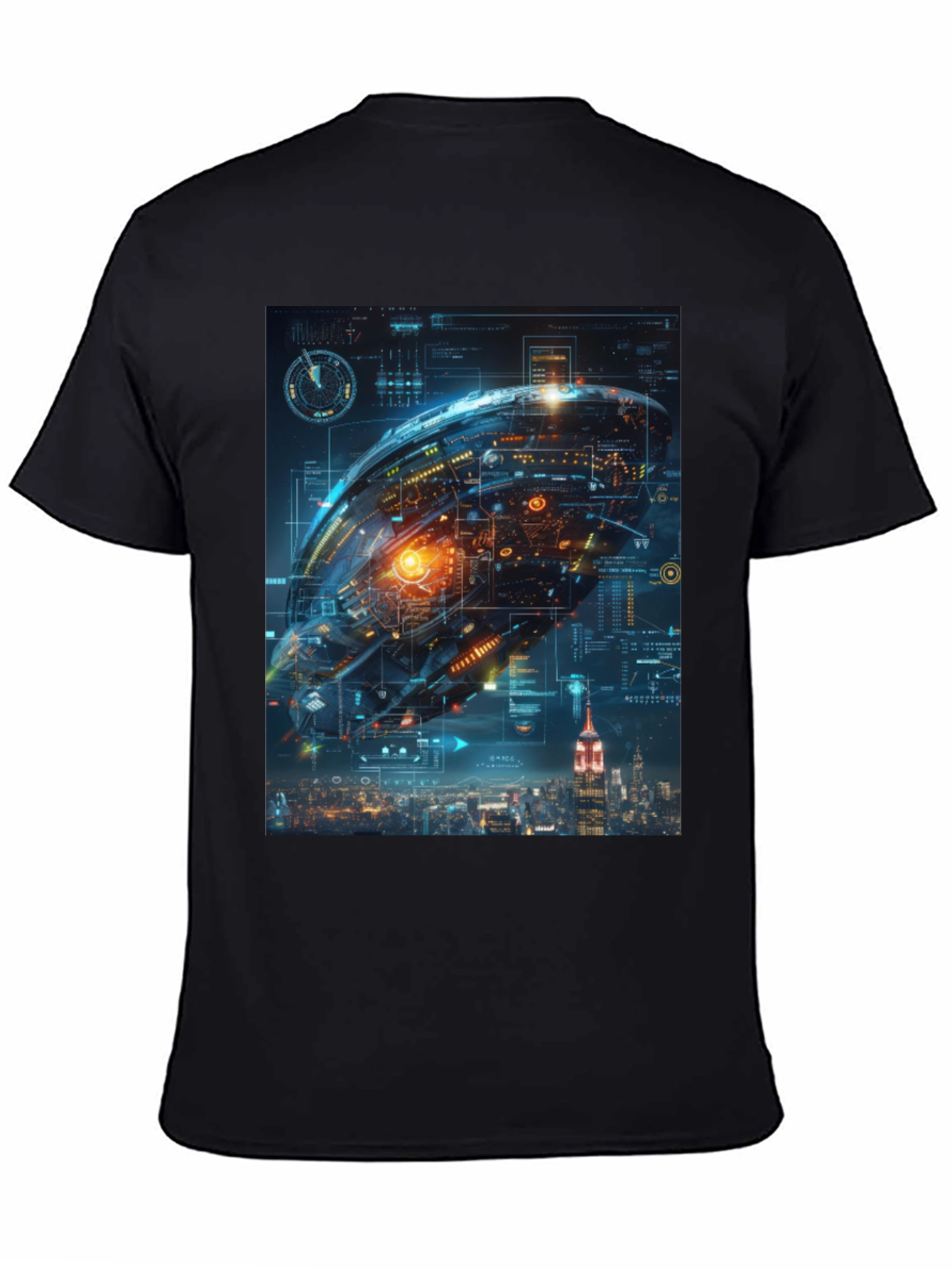 Black Sci-Fi Spaceship Over New York T-Shirt view 4