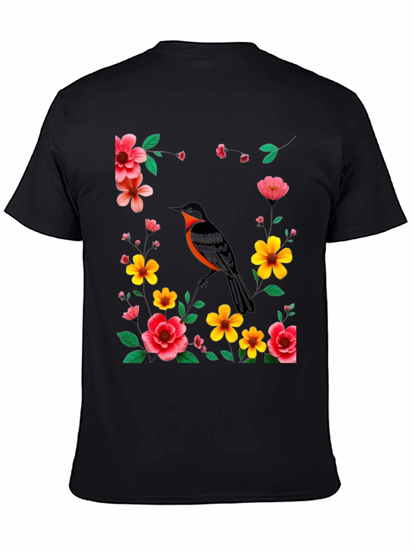 Black Floral Bird Graphic Tee - Stylish Men's Black T-Shirt view 4