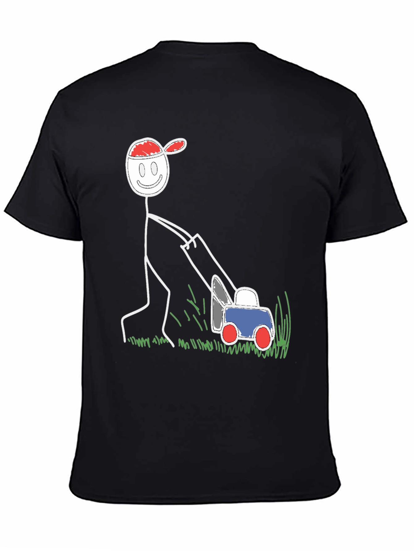 Black Funny Stick Figure Lawn Mower Graphic Tee view 4